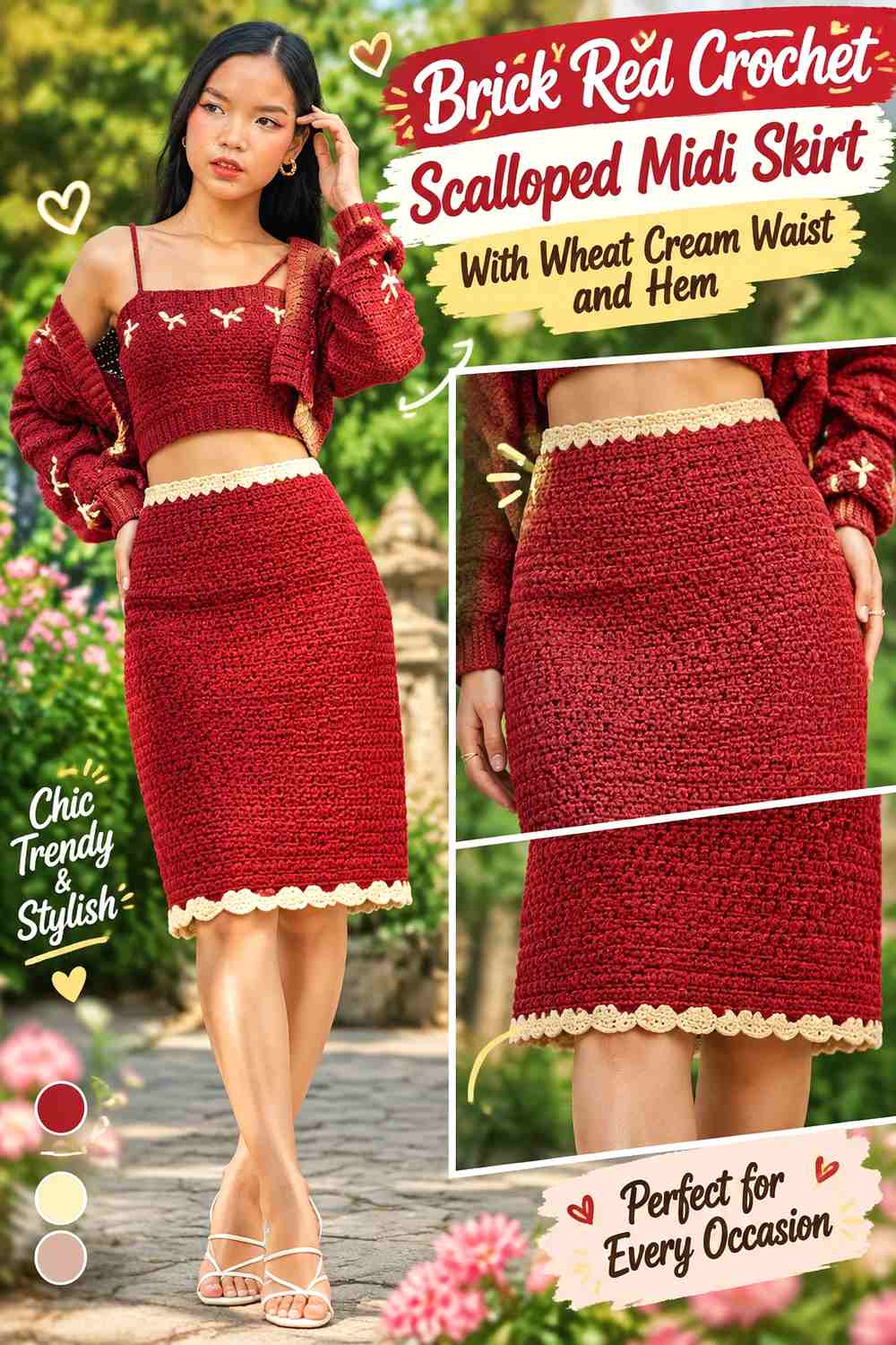 Brick Red Crochet Scalloped Midi Skirt With Wheat Cream Waist and Hem