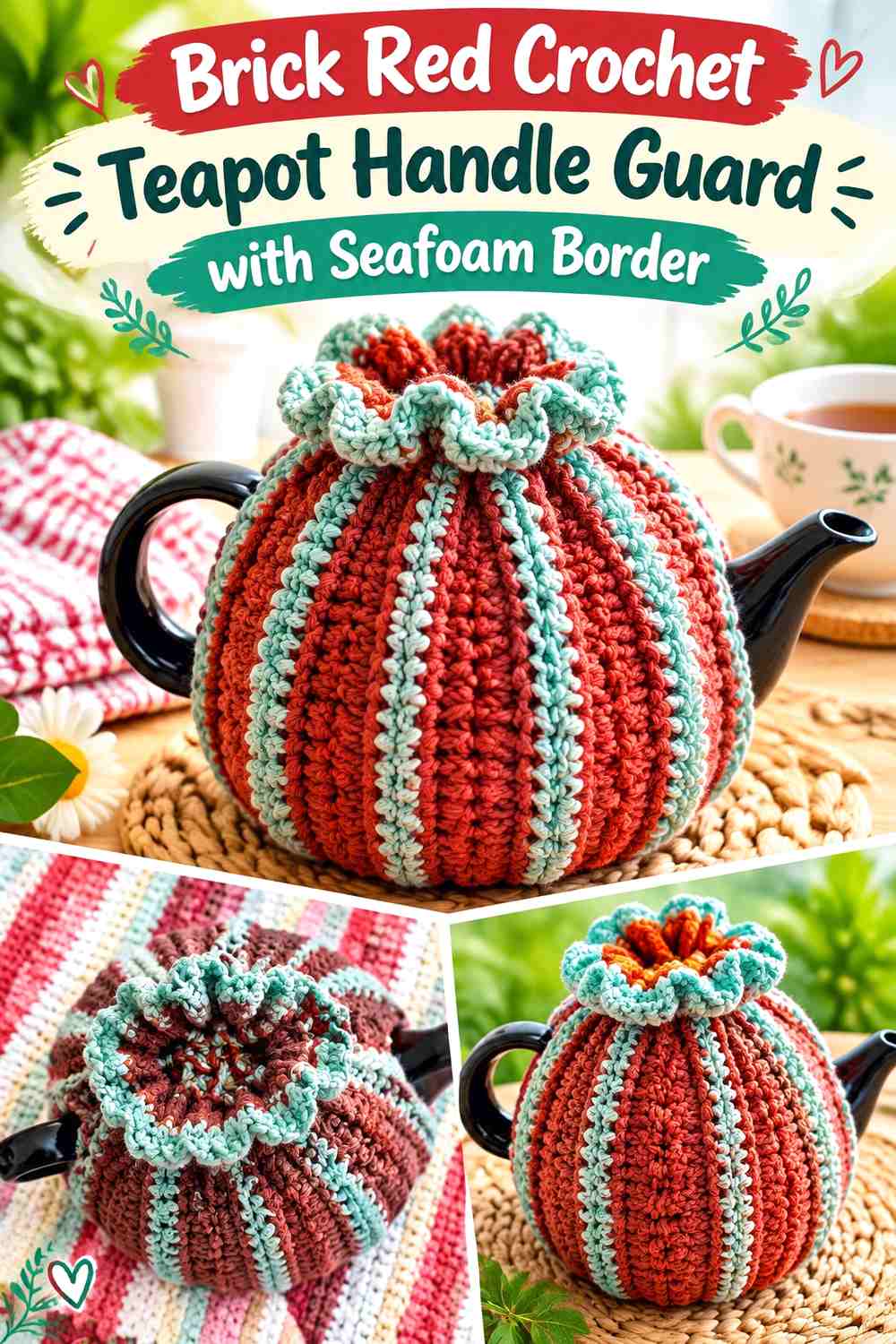 Brick Red Crochet Teapot Handle Guard with Seafoam Border