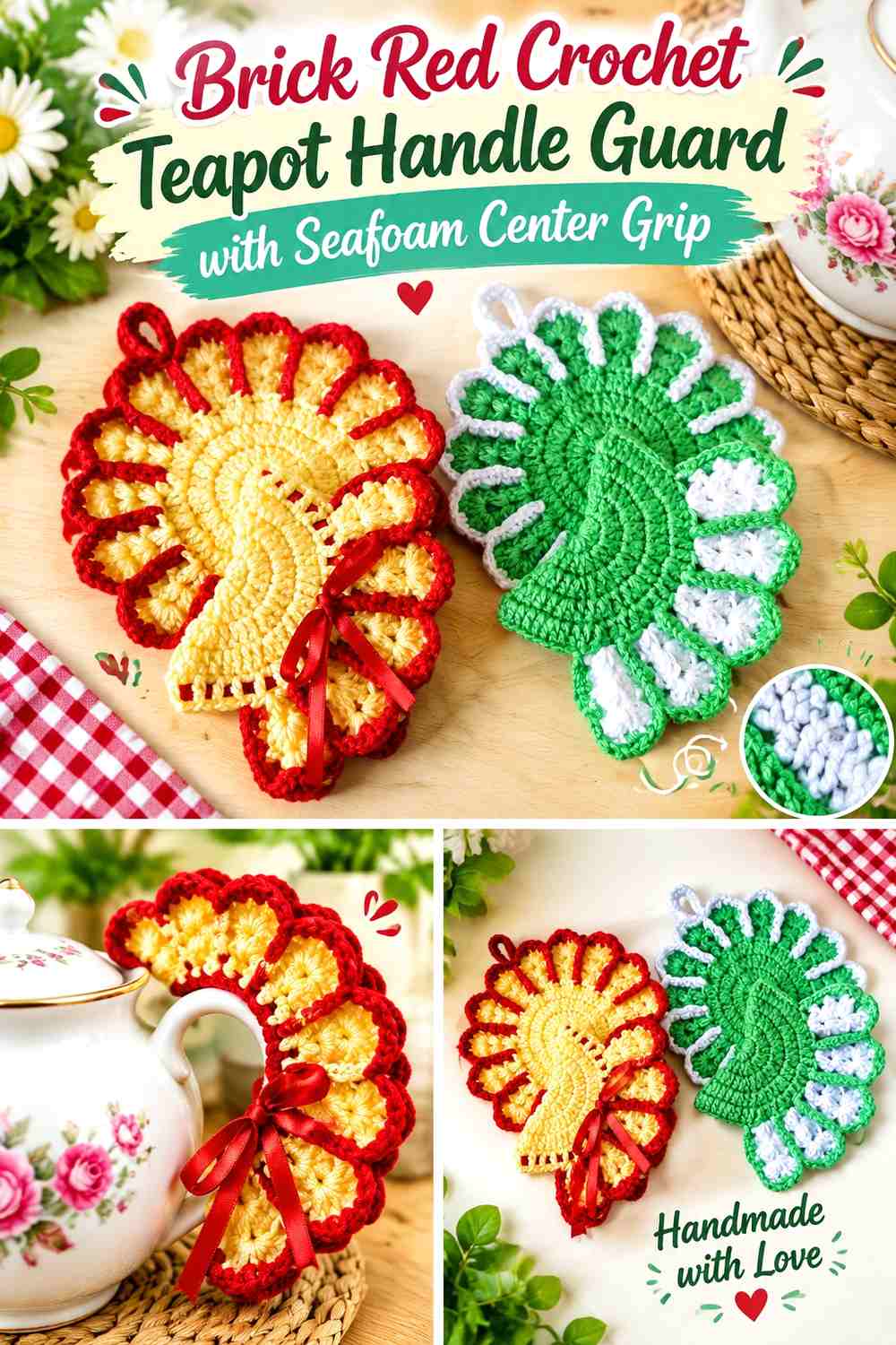 Brick Red Crochet Teapot Handle Guard with Seafoam Center Grip
