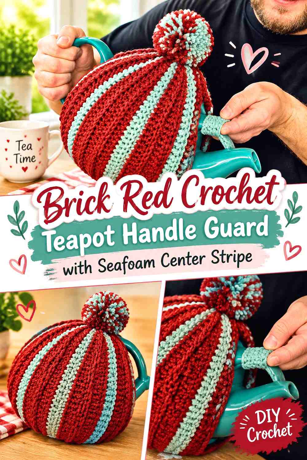 Brick Red Crochet Teapot Handle Guard with Seafoam Center Stripe