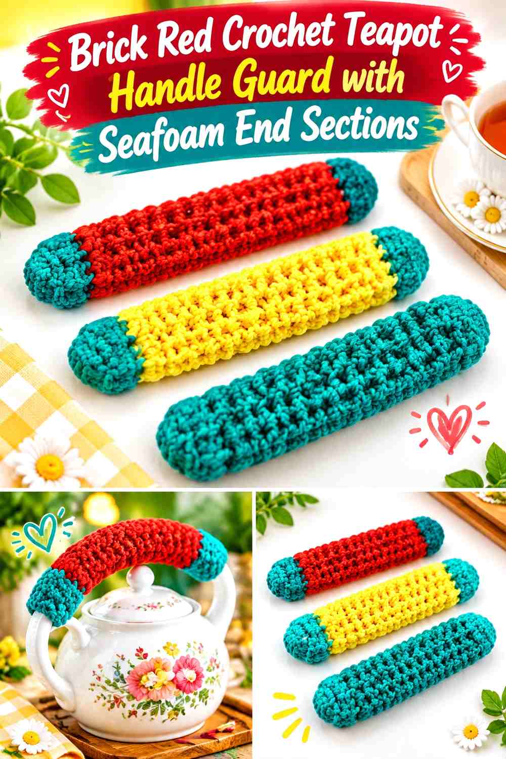 Brick Red Crochet Teapot Handle Guard with Seafoam End Sections