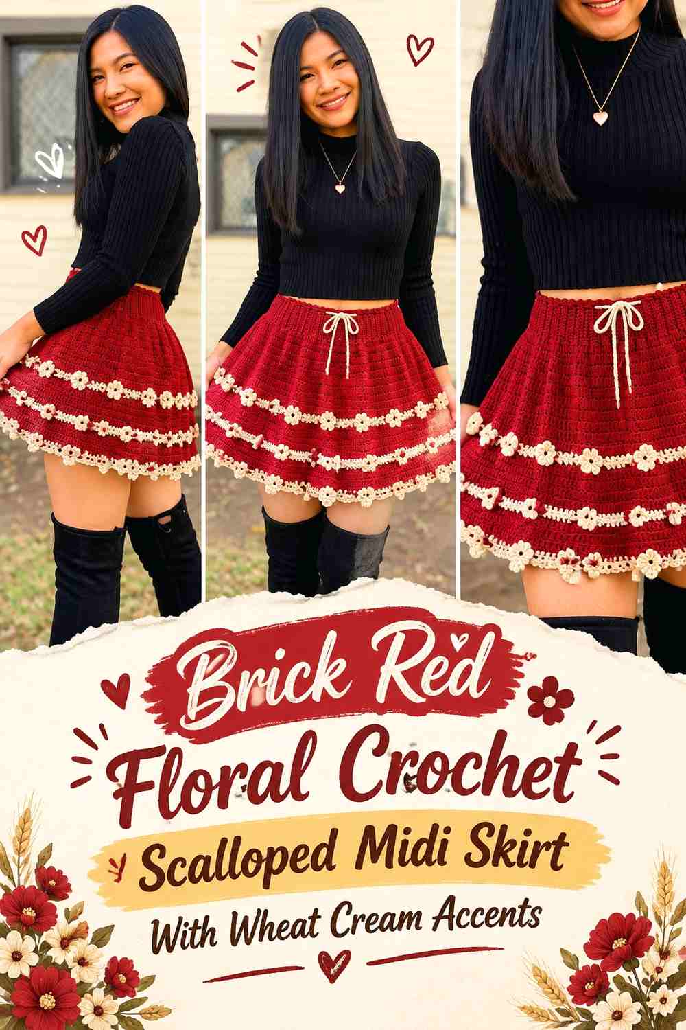 Brick Red Floral Crochet Scalloped Midi Skirt With Wheat Cream Accents