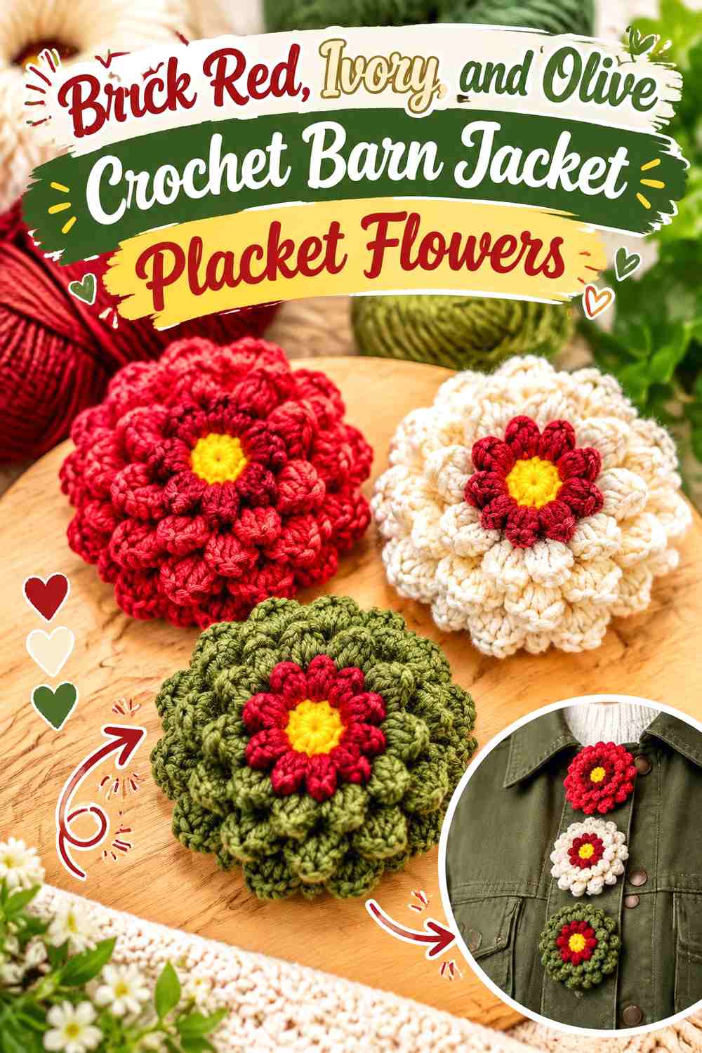 Brick Red, Ivory, and Olive Crochet Barn Jacket Placket Flowers