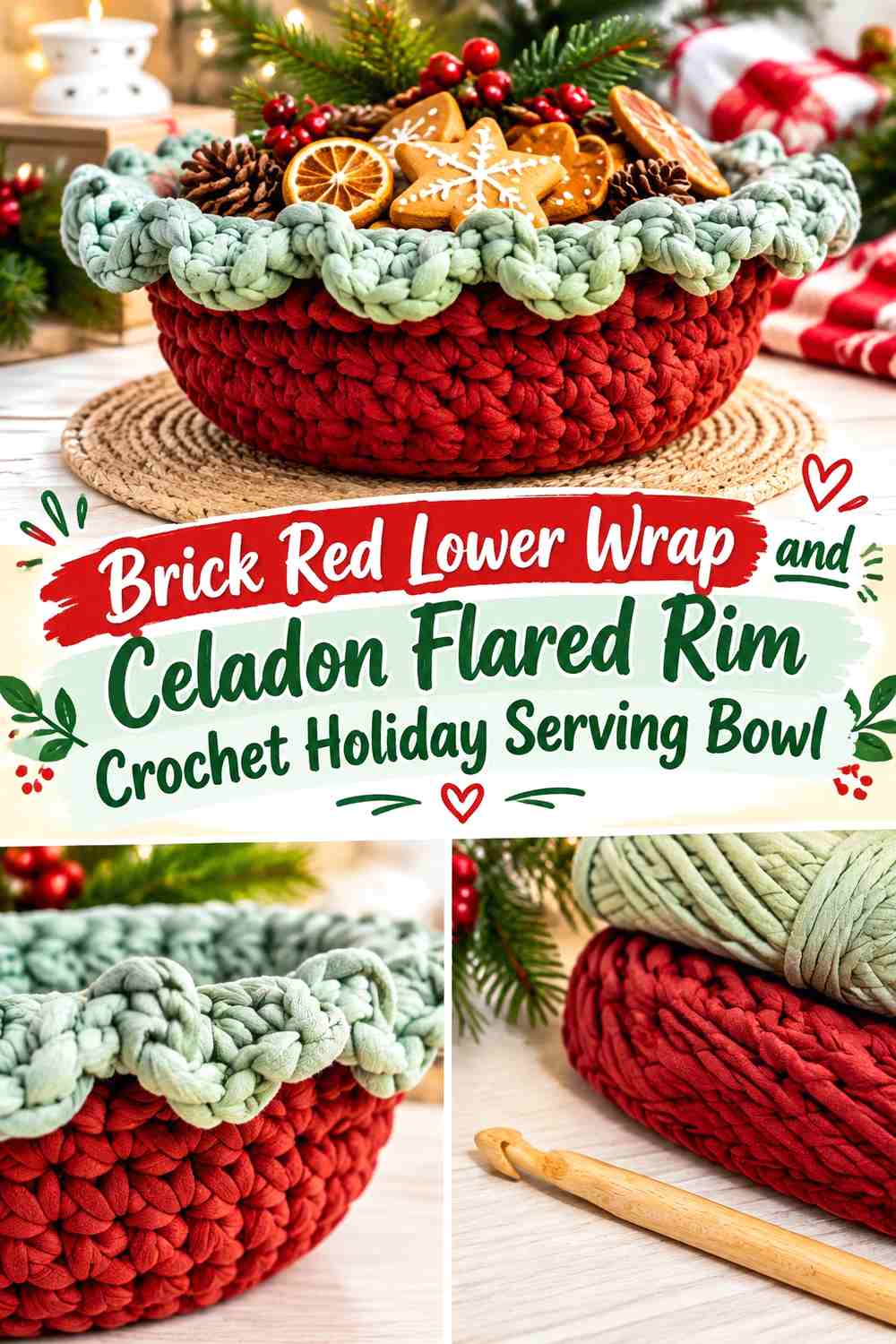 11. Brick Red Lower Wrap And Celadon Flared Rim Crochet Holiday Serving Bowl