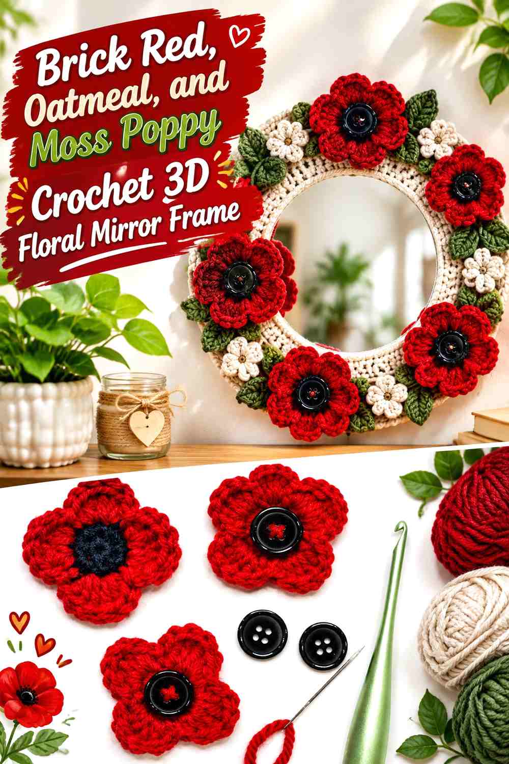 Brick Red, Oatmeal, and Moss Poppy Crochet 3D Floral Mirror Frame