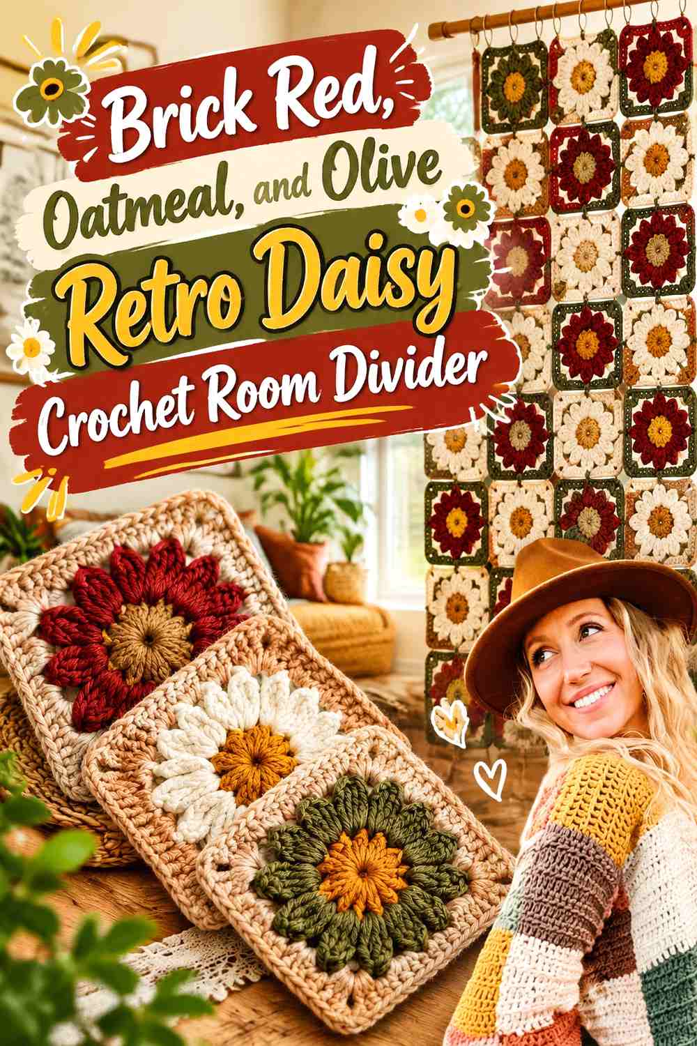 Brick Red, Oatmeal, and Olive Retro Daisy Crochet Room Divider