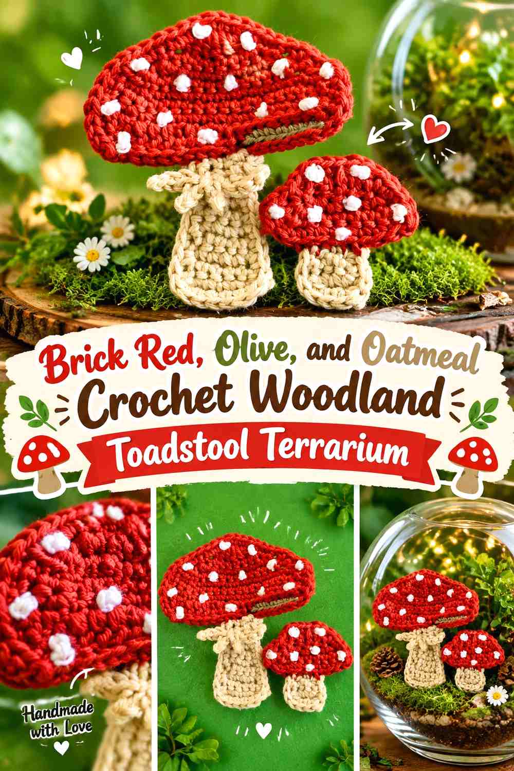 Brick Red, Olive, and Oatmeal Crochet Woodland Toadstool Terrarium