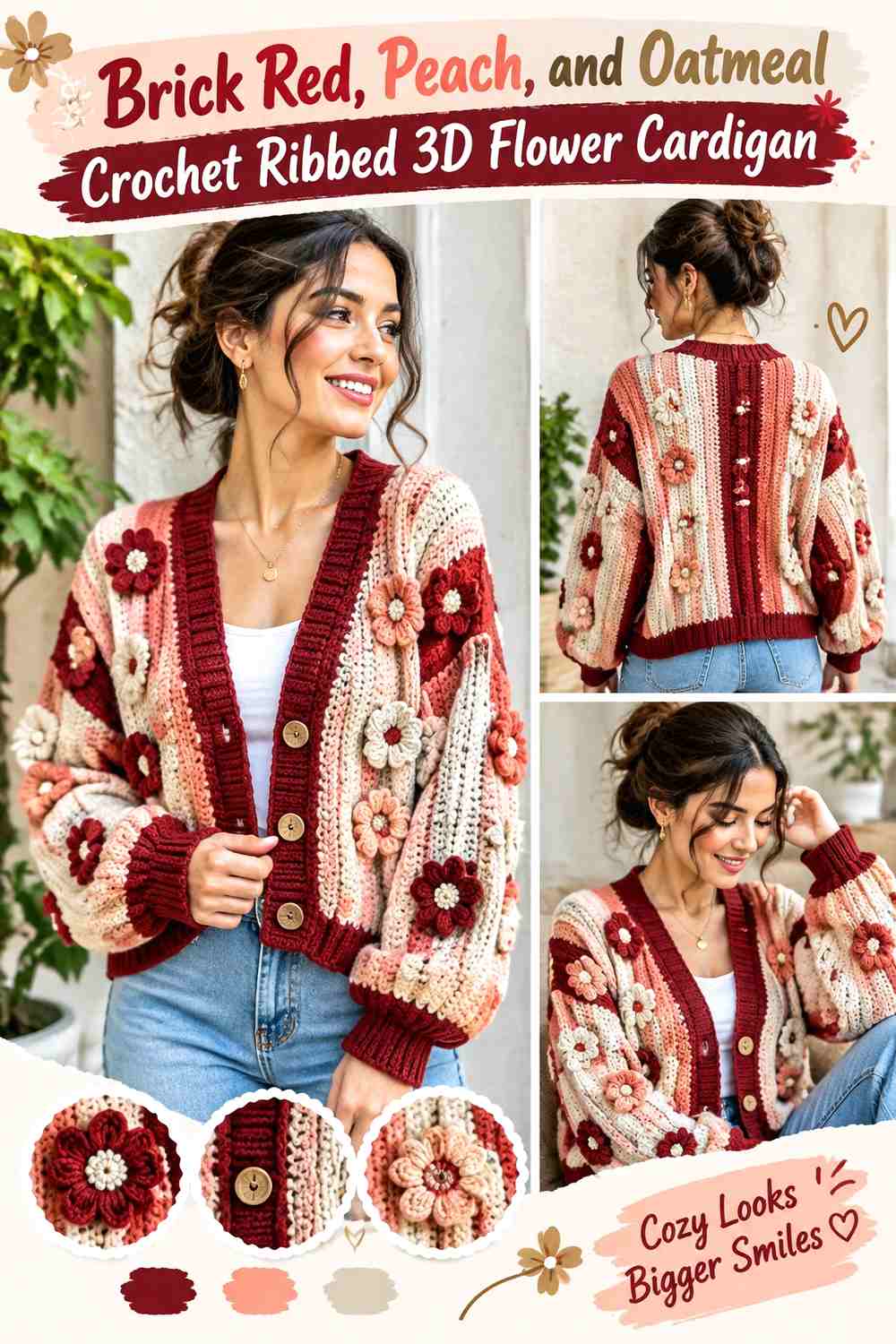 Brick Red, Peach, and Oatmeal Crochet Ribbed 3D Flower Cardigan