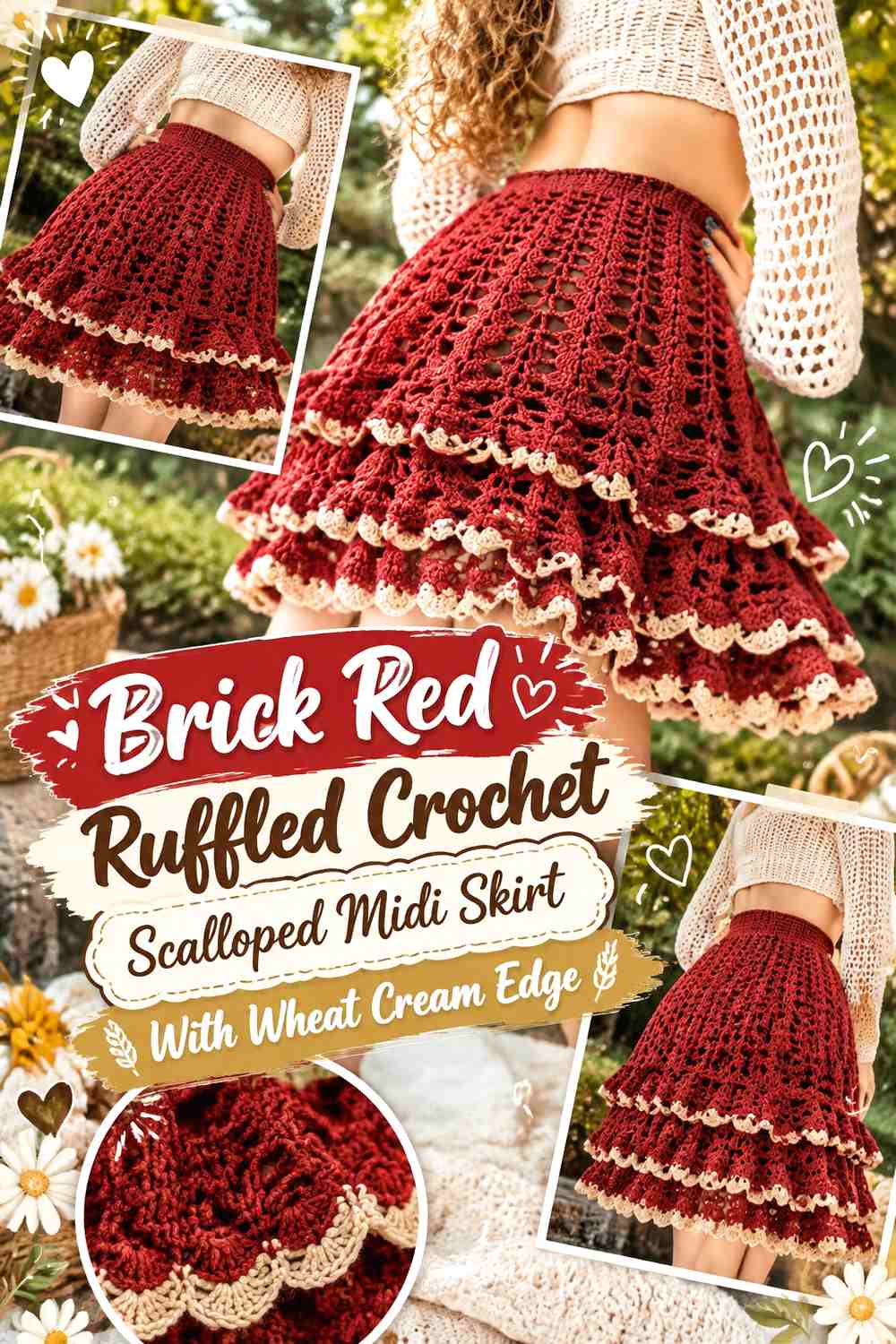 Brick Red Ruffled Crochet Scalloped Midi Skirt With Wheat Cream Edge