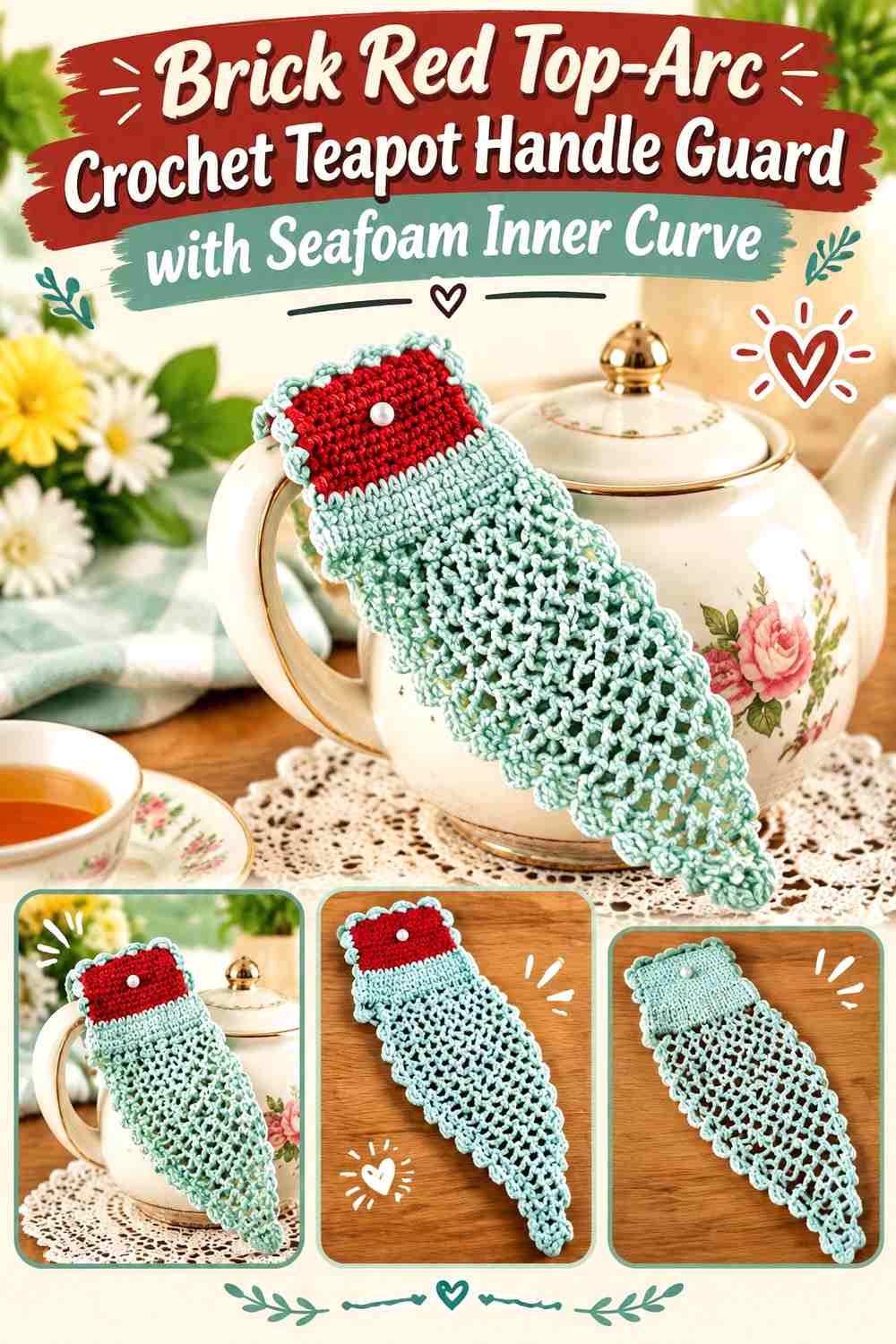 Brick Red Top Arc Crochet Teapot Handle Guard with Seafoam Inner Curve