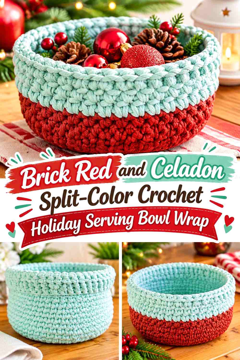 5. Brick Red And Celadon Split Color Crochet Holiday Serving Bowl Wrap