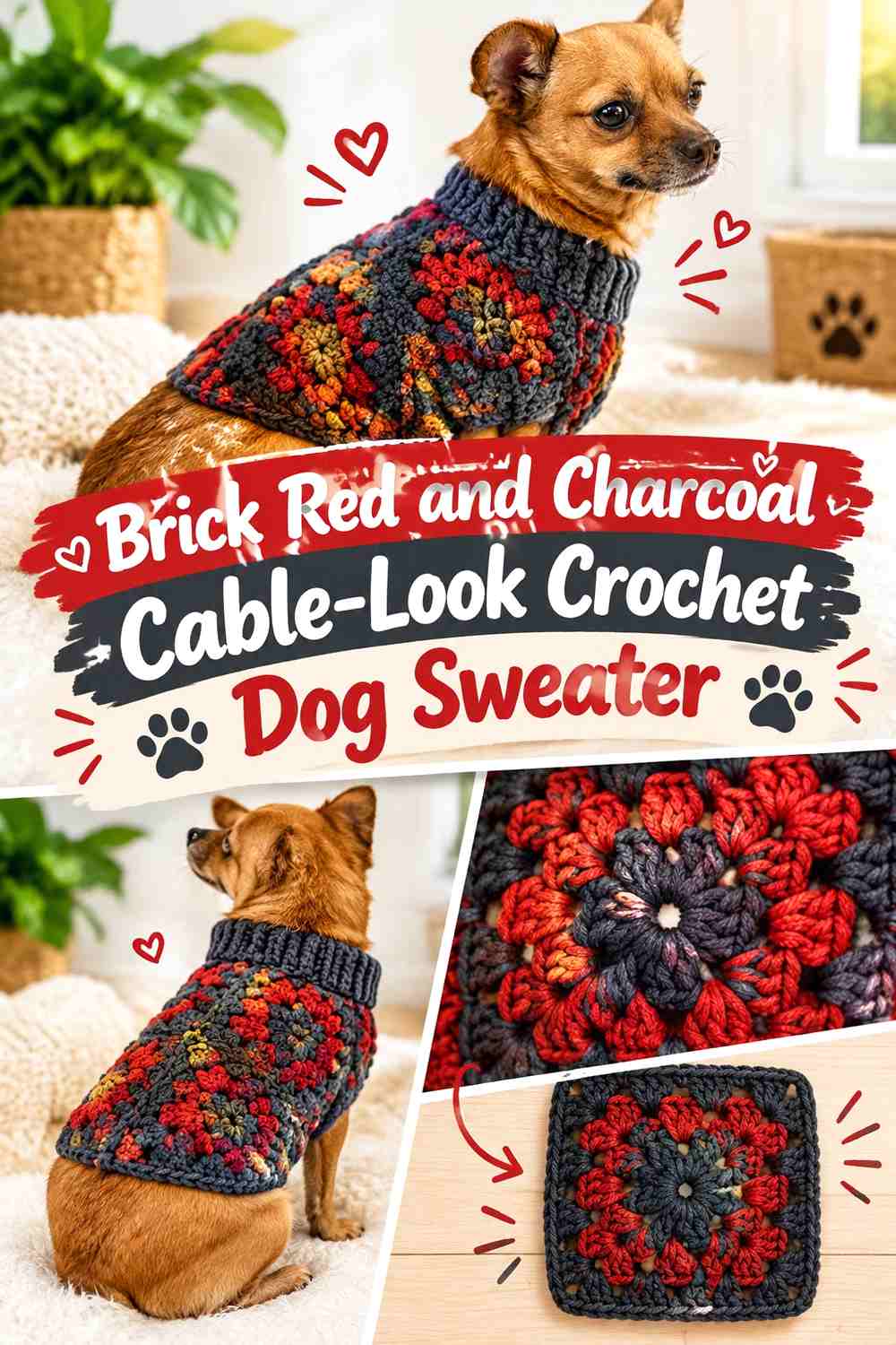 Brick Red and Charcoal Cable-Look Crochet Dog Sweater