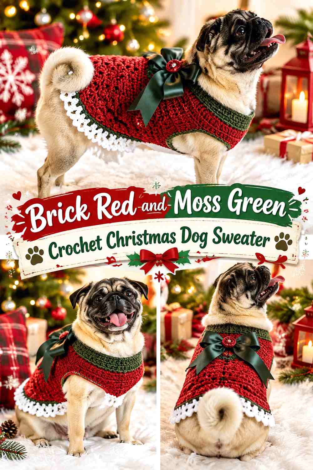 Brick Red and Moss Green Crochet Christmas Dog Sweater