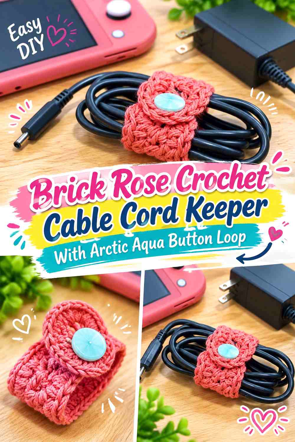 Brick Rose Crochet Cable Cord Keeper With Arctic Aqua Button Loop