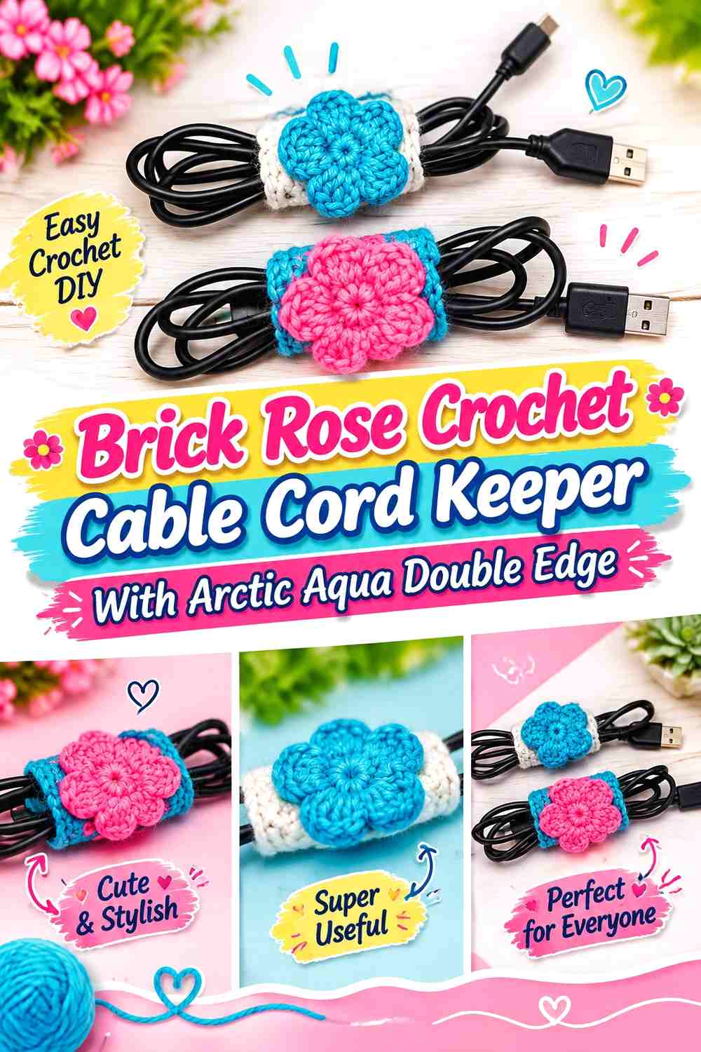 Brick Rose Crochet Cable Cord Keeper With Arctic Aqua Double Edge