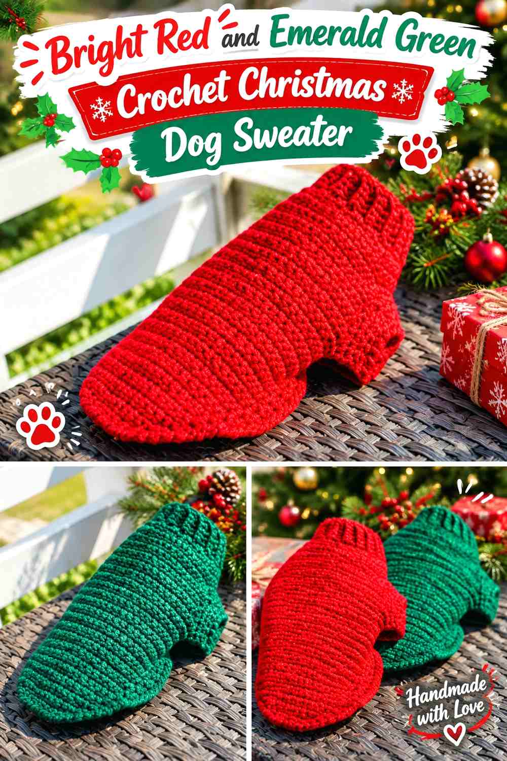 Bright Red and Emerald Green Crochet Christmas Dog Sweater