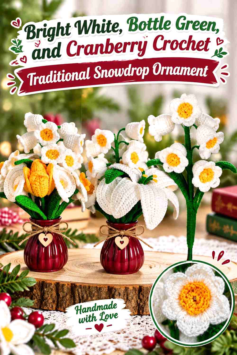 Bright White, Bottle Green, and Cranberry Crochet Traditional Snowdrop Ornament
