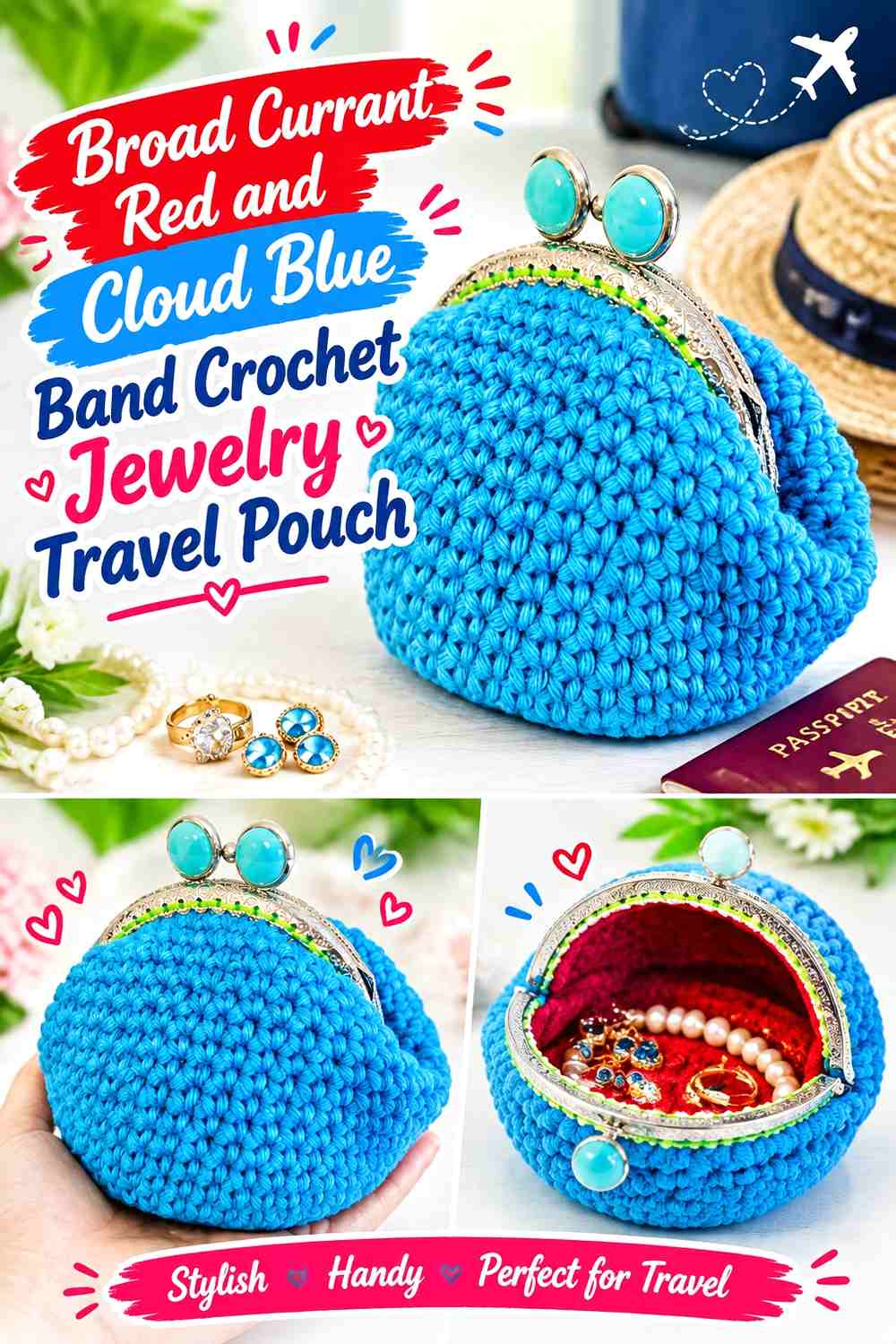 Broad Currant Red and Cloud Blue Band Crochet Jewelry Travel Pouch