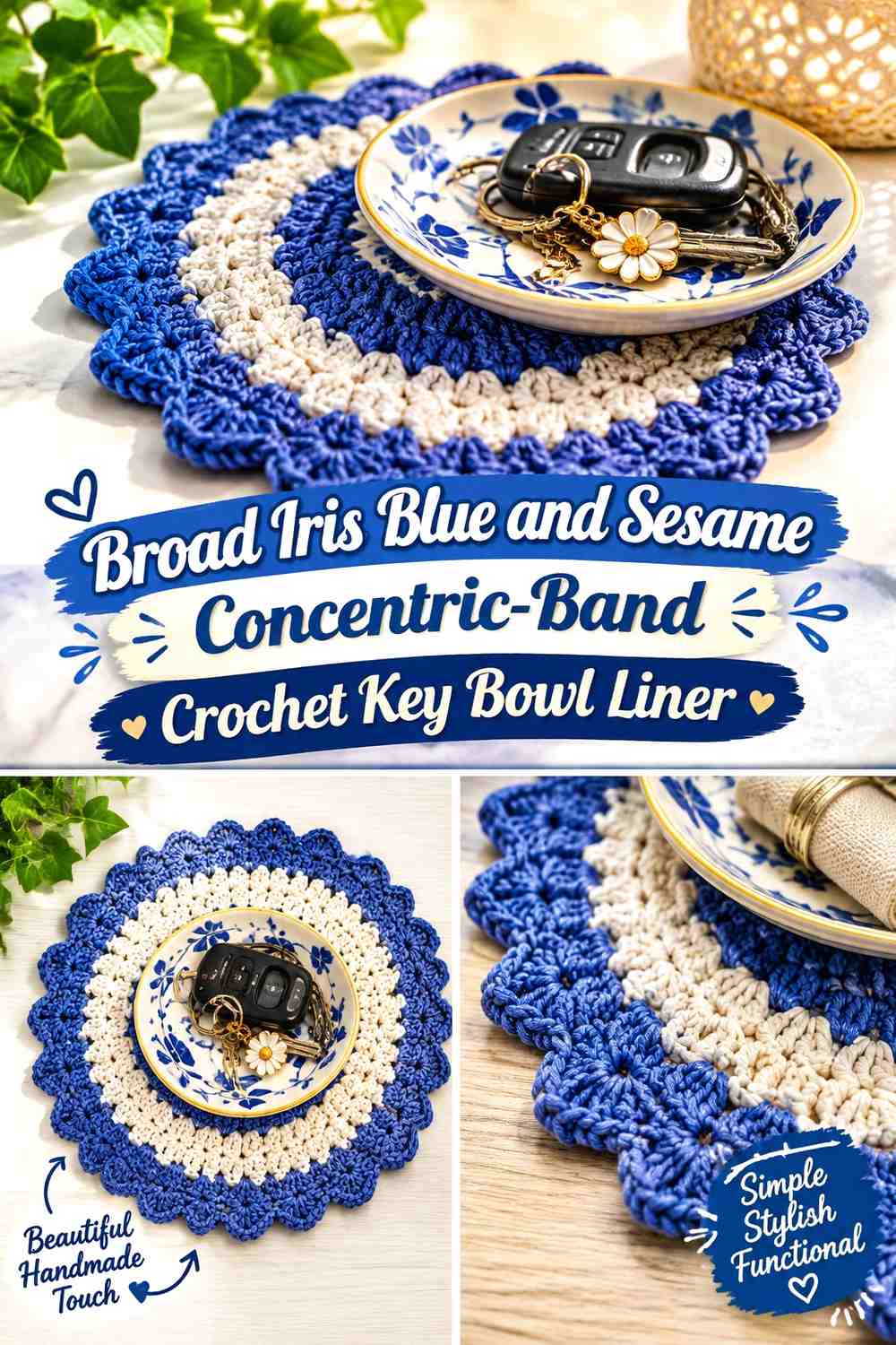 Broad Iris Blue and Sesame Concentric Band Crochet Key Bowl Liner