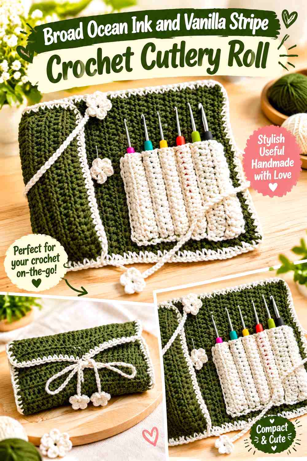 Broad Ocean Ink and Vanilla Stripe Crochet Cutlery Roll
