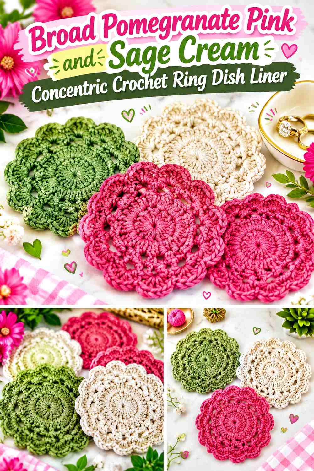 Broad Pomegranate Pink and Sage Cream Concentric Crochet Ring Dish Liner