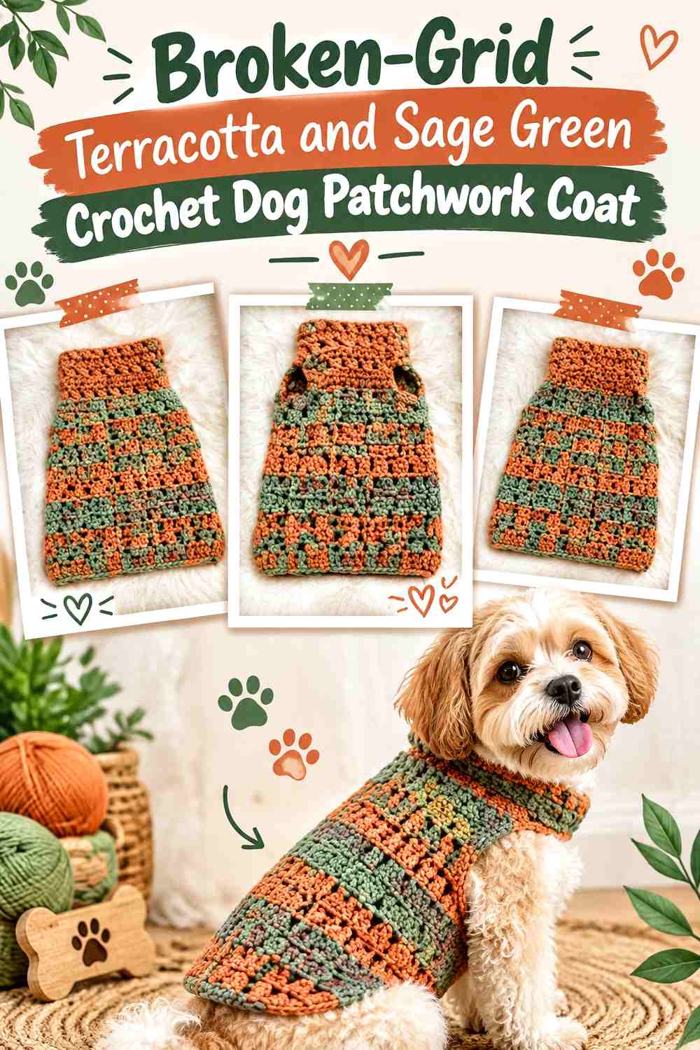 Broken-Grid Terracotta and Sage Green Crochet Dog Patchwork Coat