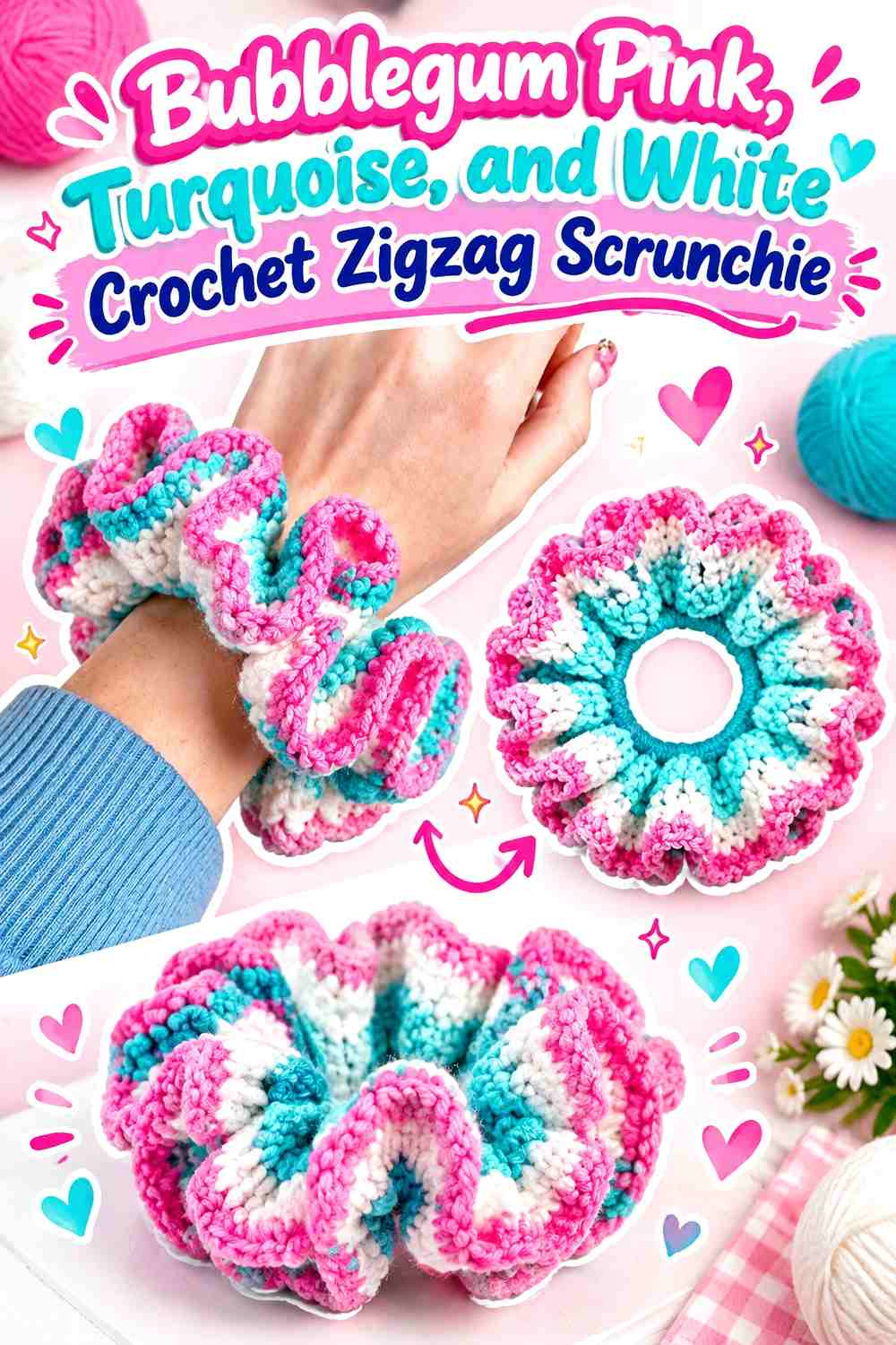 Bubblegum Pink, Turquoise, and White Crochet Zigzag Scrunchie