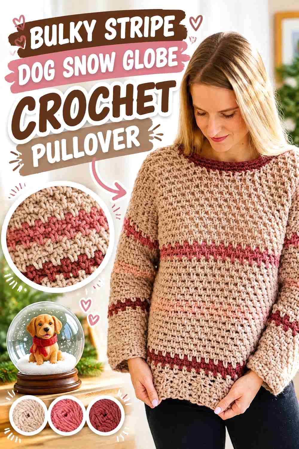 Bulky Stripe Dog Snow Globe Crochet Pullover