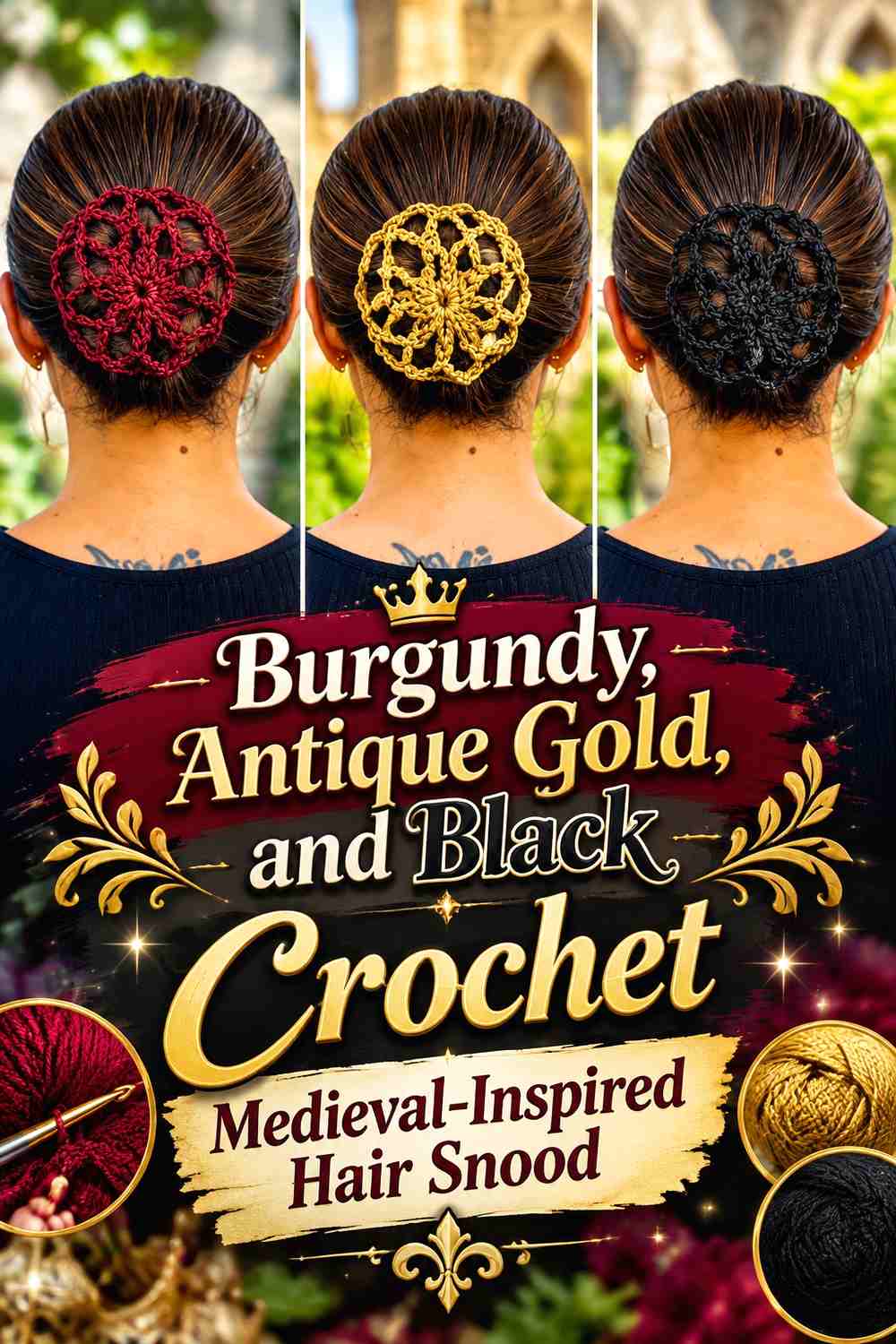 Burgundy, Antique Gold, and Black Crochet Medieval-Inspired Hair Snood