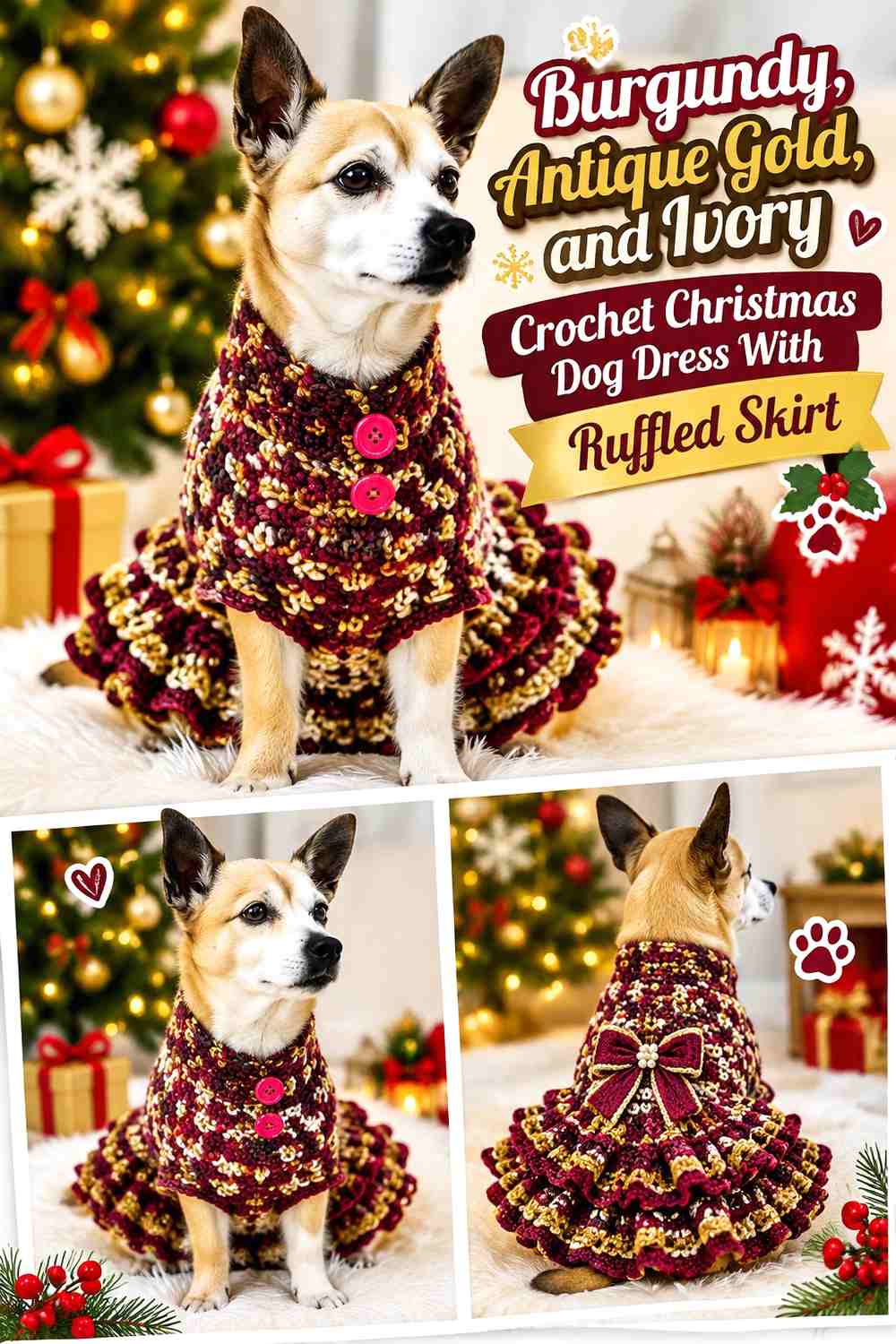 Burgundy, Antique Gold, and Ivory Crochet Christmas Dog Dress With Ruffled Skirt