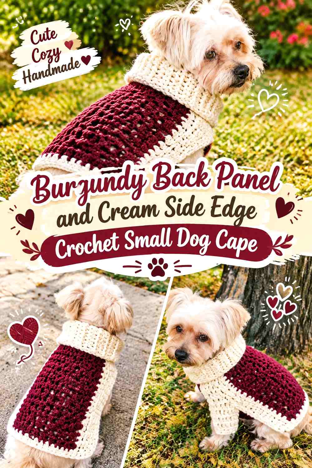 Burgundy Back Panel and Cream Side Edge Crochet Small Dog Cape