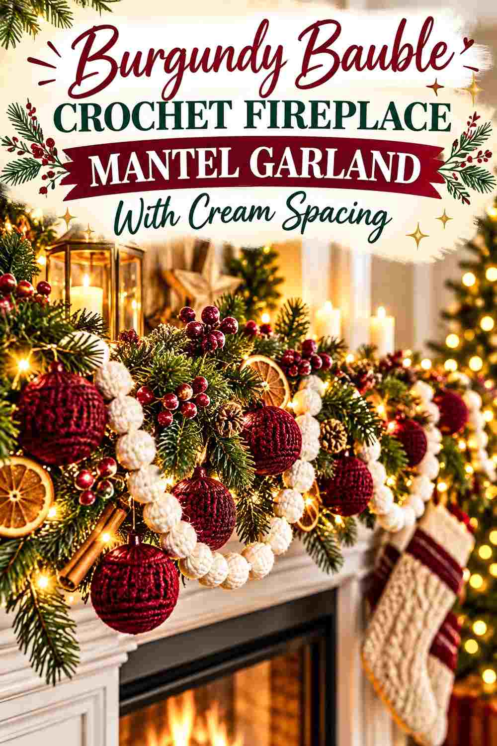 11. Burgundy Bauble Crochet Fireplace Mantel Garland With Cream Spacing