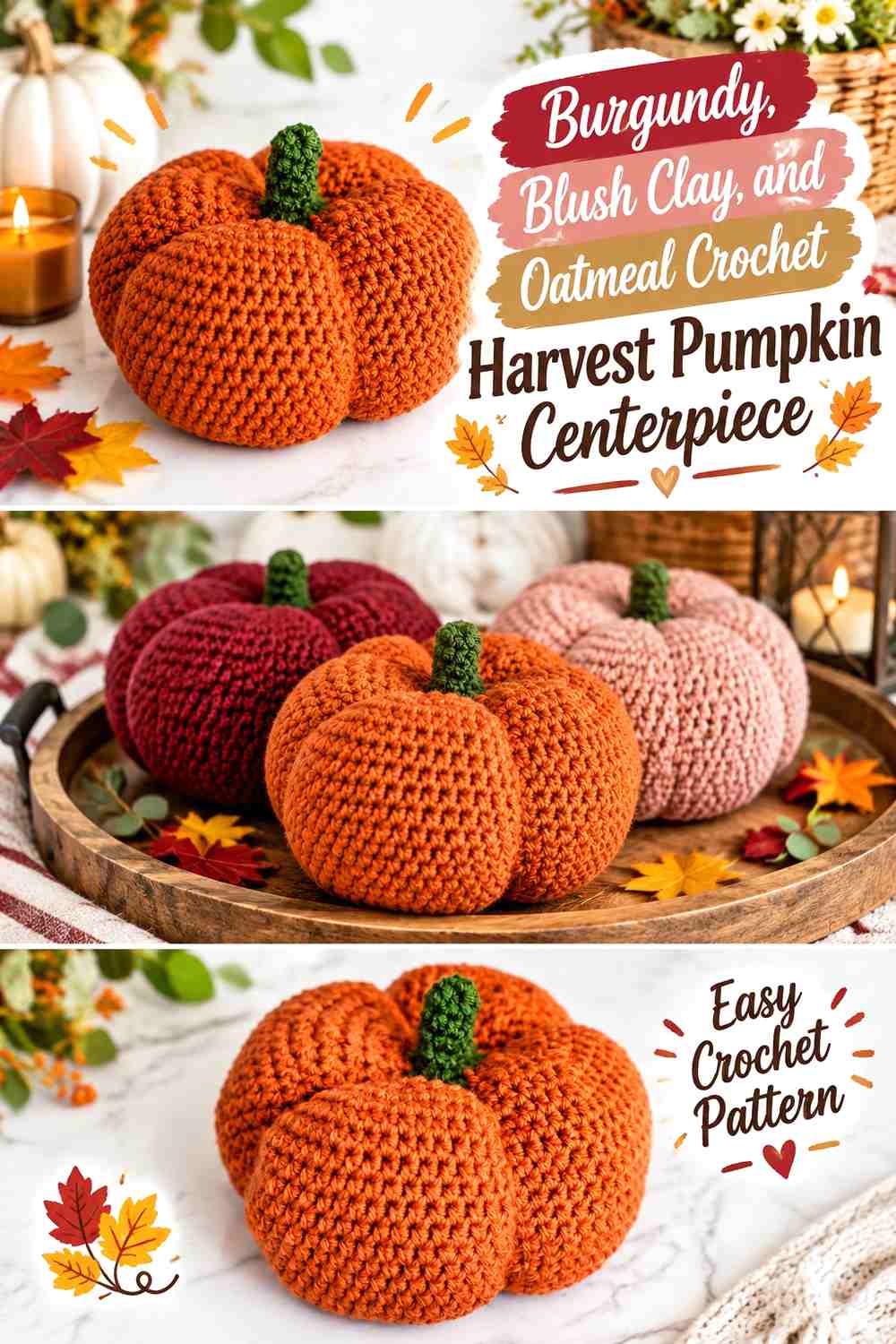 Burgundy, Blush Clay, and Oatmeal Crochet Harvest Pumpkin Centerpiece