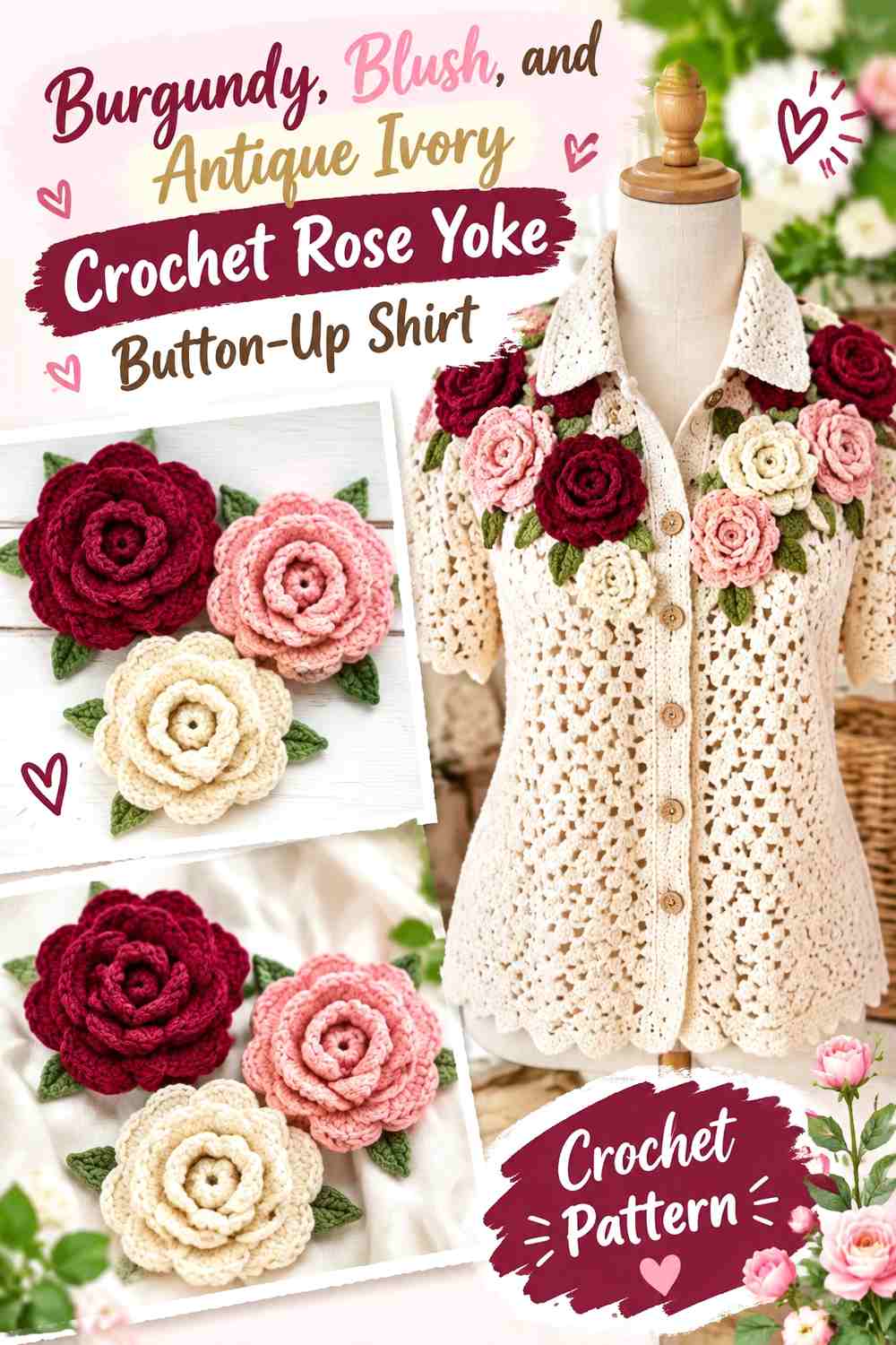 Burgundy, Blush, and Antique Ivory Crochet Rose Yoke Button-Up Shirt