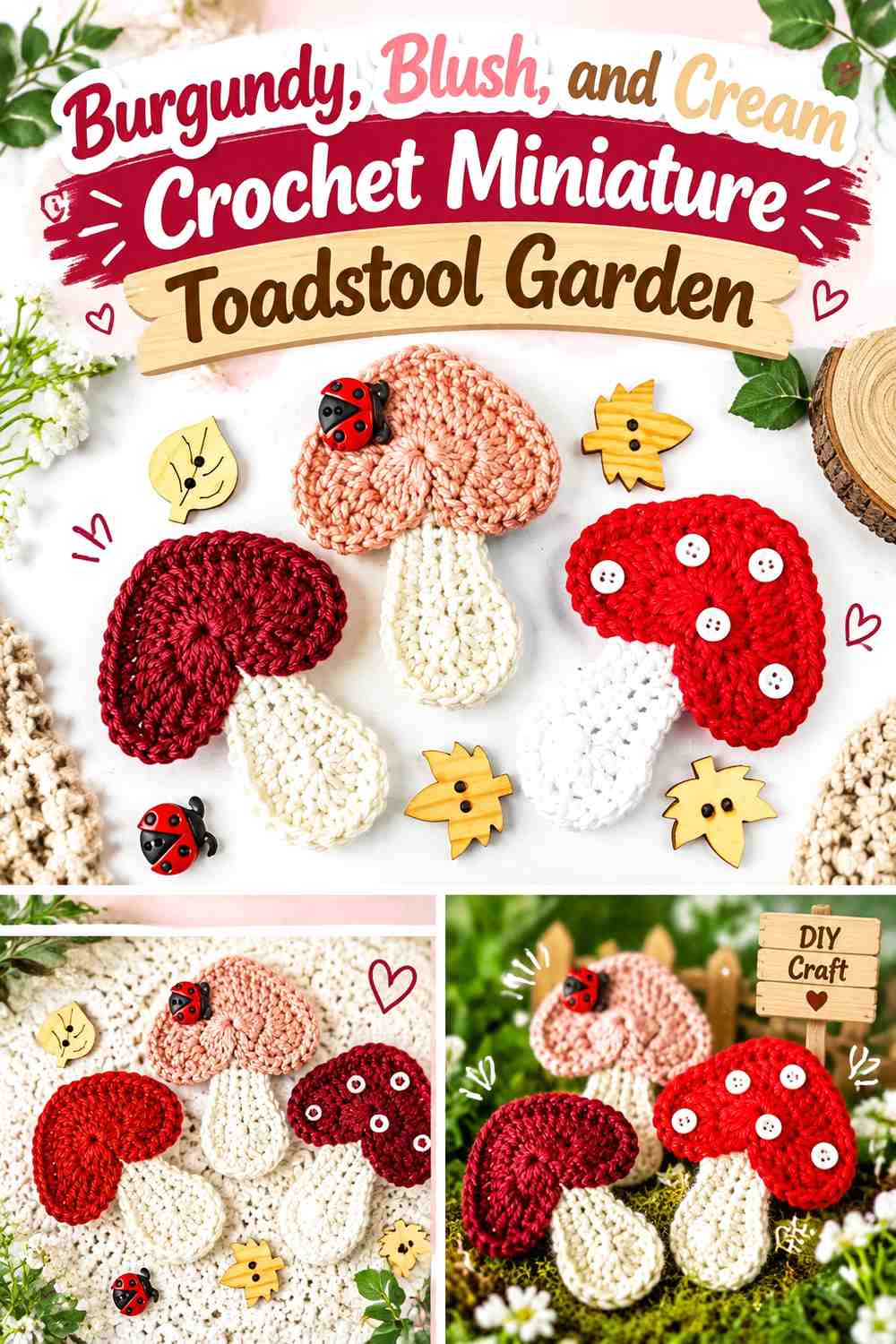 Burgundy, Blush, and Cream Crochet Miniature Toadstool Garden