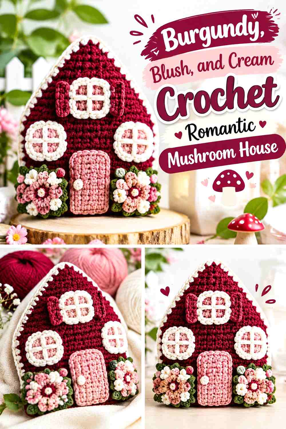Burgundy, Blush, and Cream Crochet Romantic Mushroom House