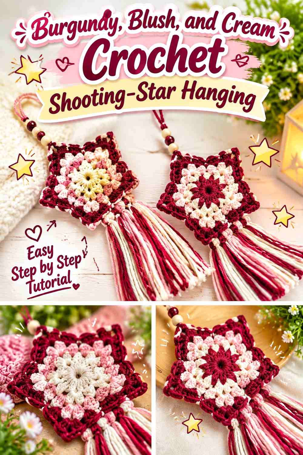Burgundy, Blush, and Cream Crochet Shooting-Star Hanging