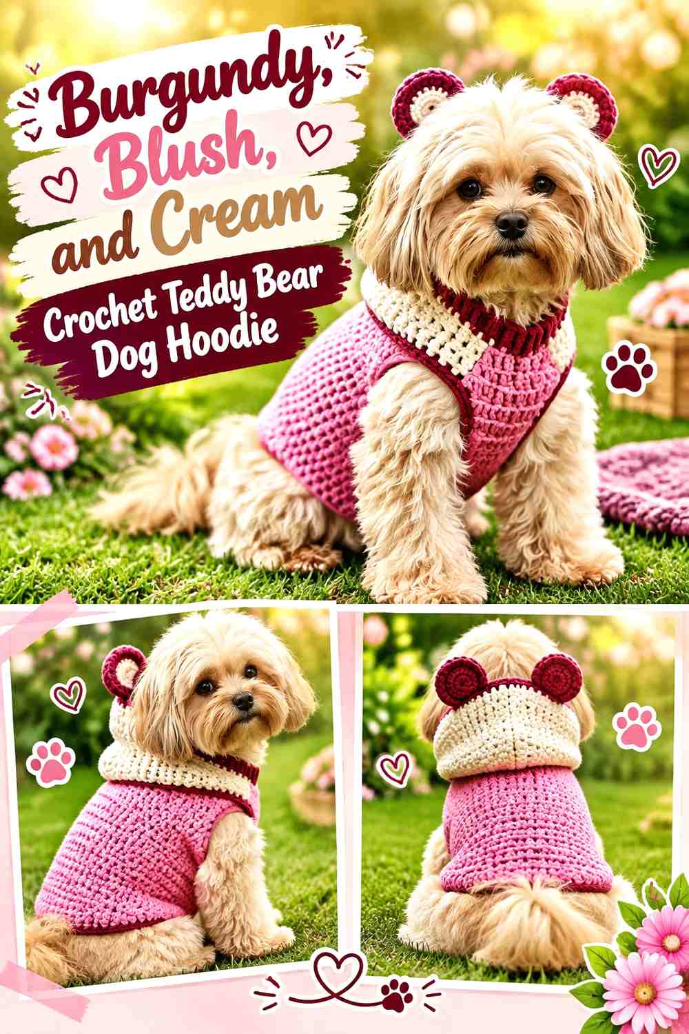 Burgundy, Blush, and Cream Crochet Teddy Bear Dog Hoodie