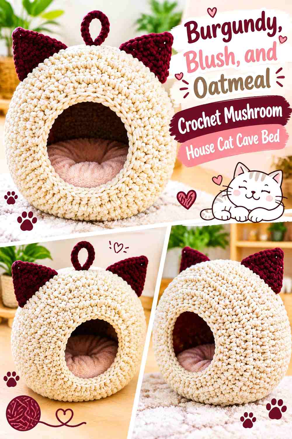 Burgundy, Blush, and Oatmeal Crochet Mushroom House Cat Cave Bed