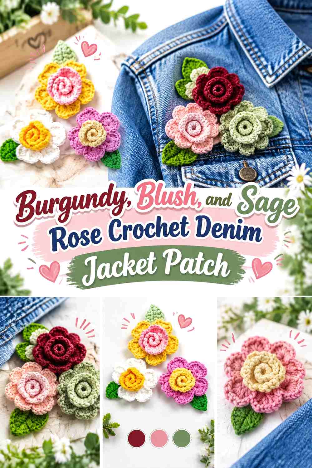 Burgundy, Blush, and Sage Rose Crochet Denim Jacket Patch