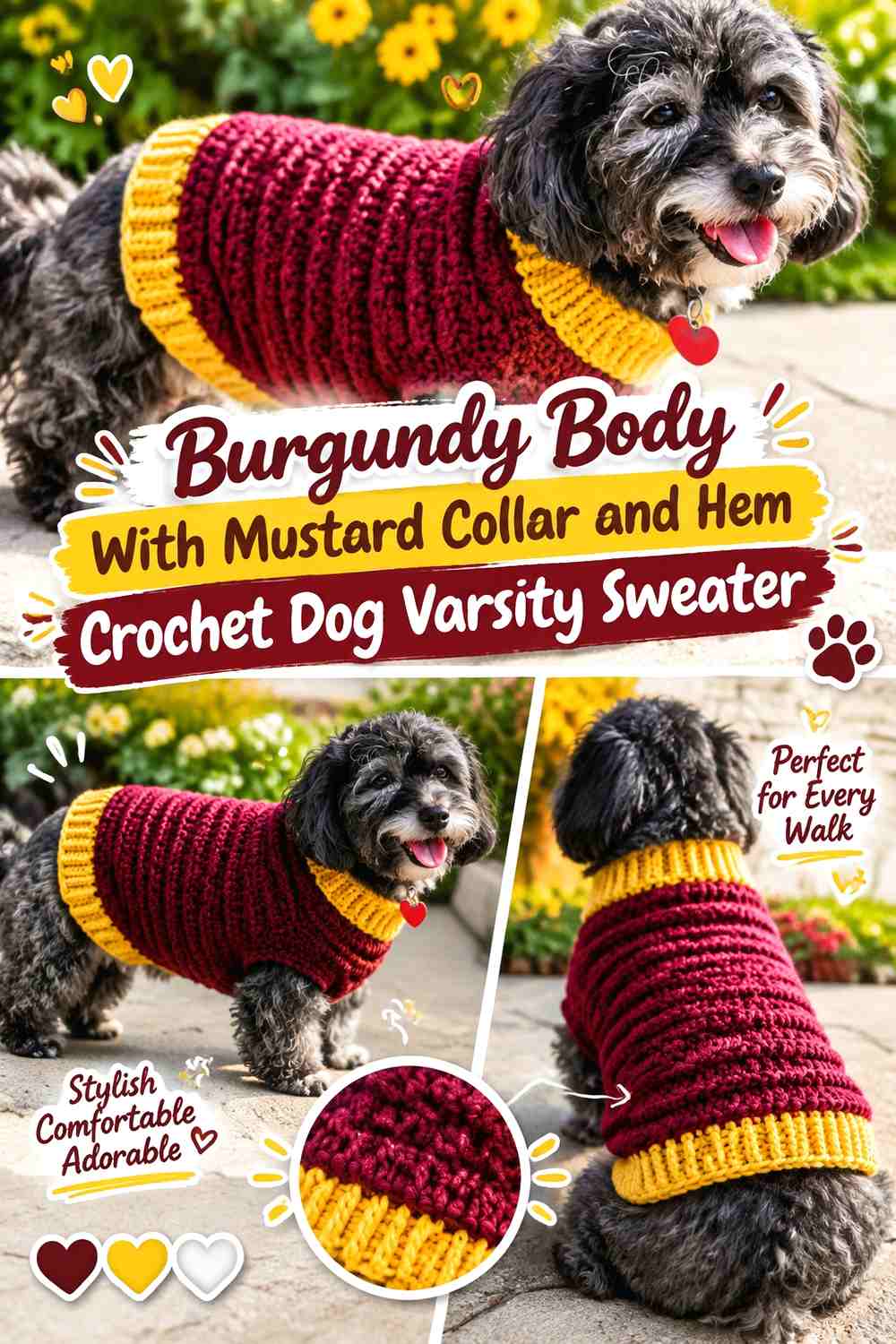 Burgundy Body With Mustard Collar and Hem Crochet Dog Varsity Sweater