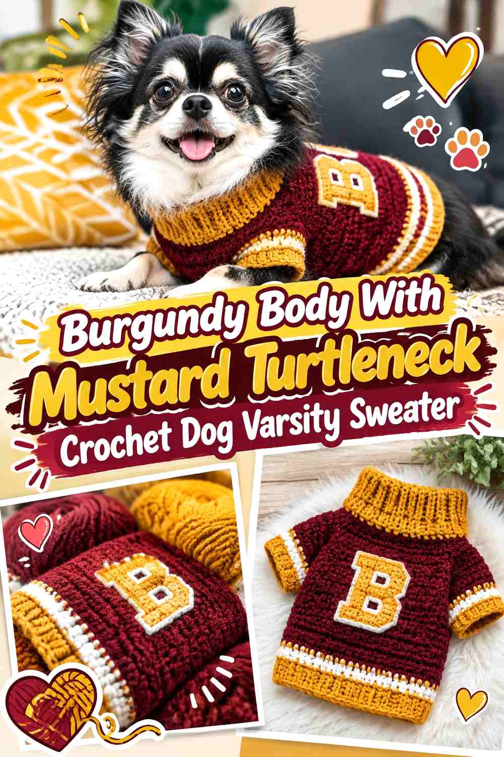 Burgundy Body With Mustard Turtleneck Crochet Dog Varsity Sweater