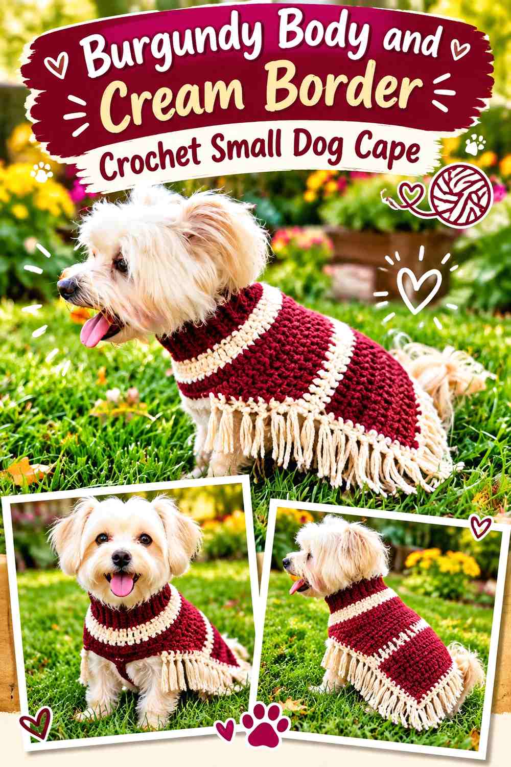 Burgundy Body and Cream Border Crochet Small Dog Cape