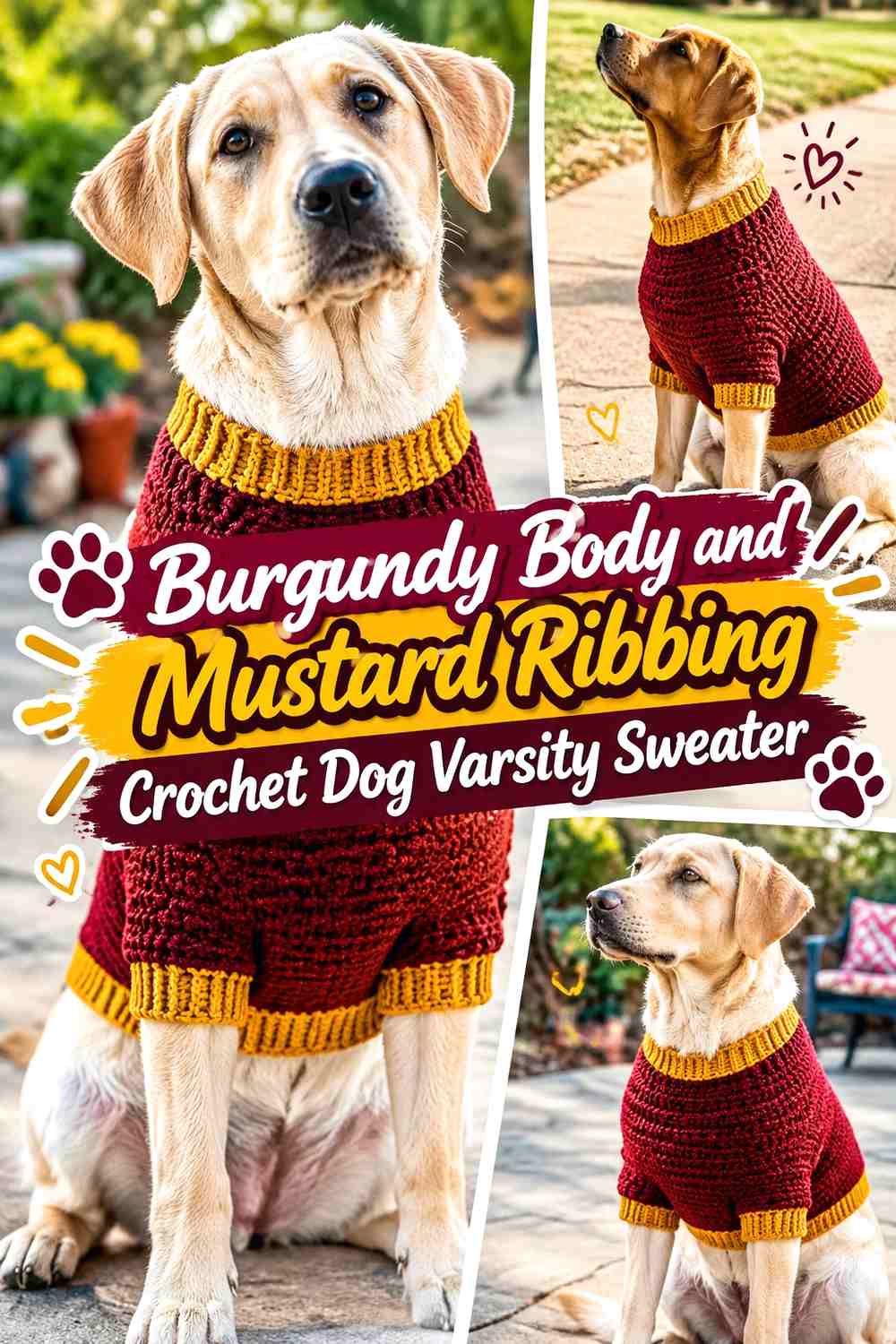 Burgundy Body and Mustard Ribbing Crochet Dog Varsity Sweater