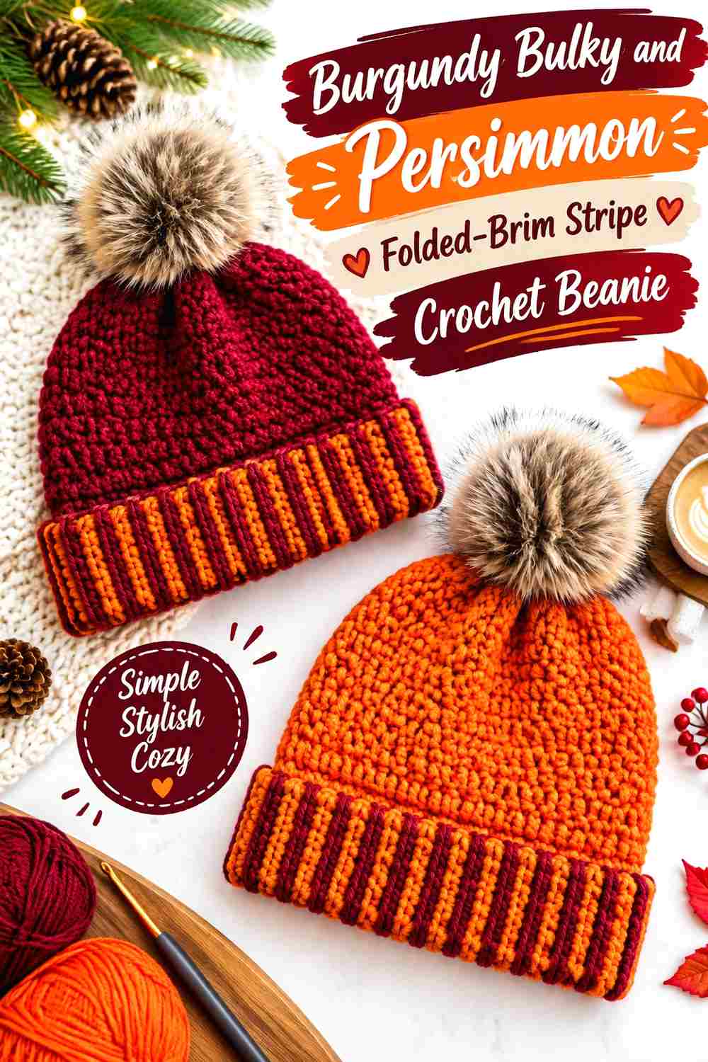 14. Burgundy Bulky And Persimmon Folded Brim Stripe Crochet Beanie