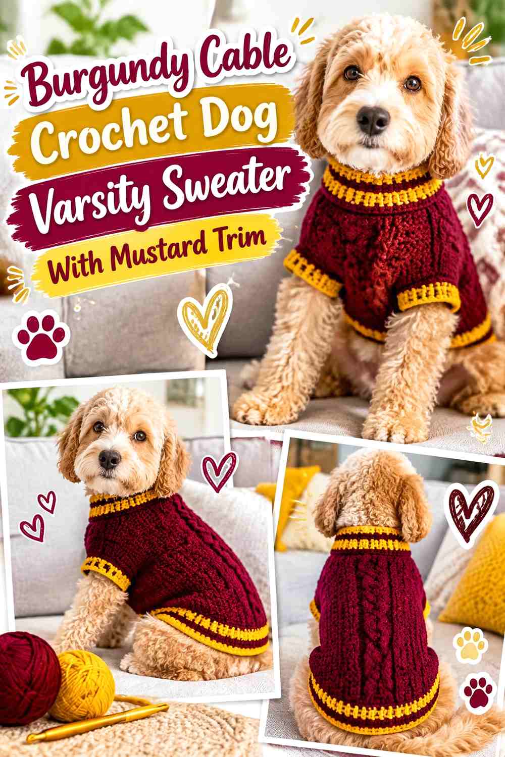 Burgundy Cable Crochet Dog Varsity Sweater With Mustard Trim