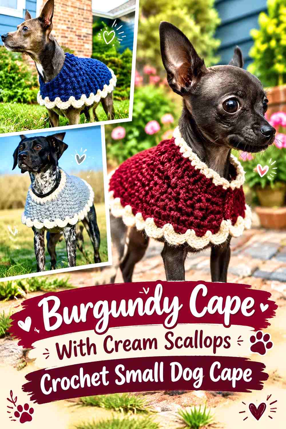 Burgundy Cape With Cream Scallops Crochet Small Dog Cape