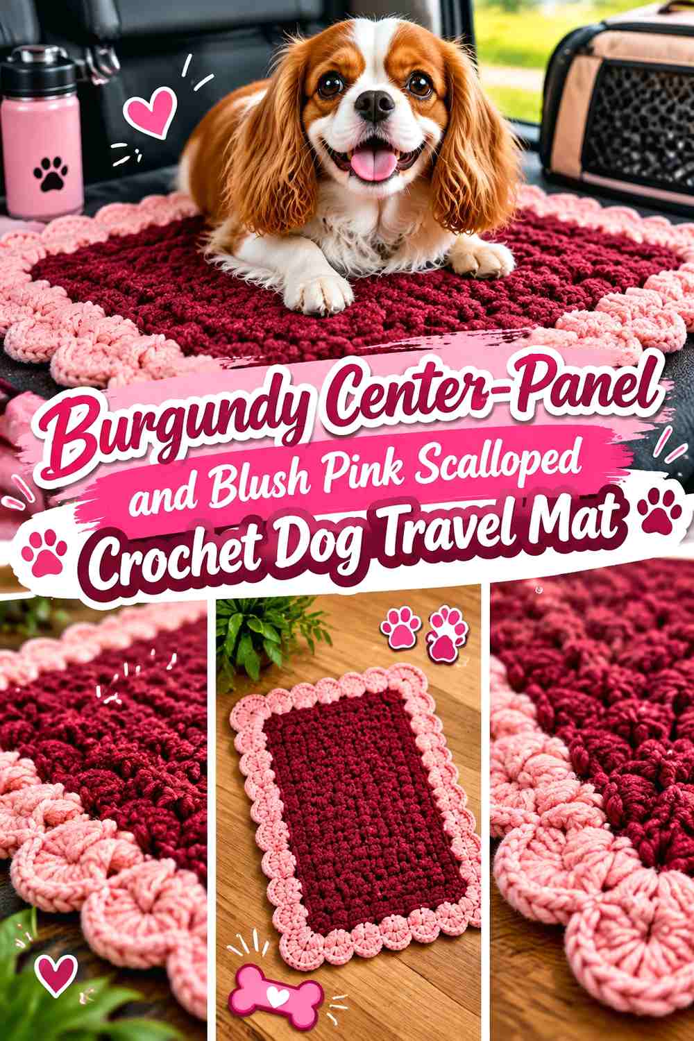 Burgundy Center-Panel and Blush Pink Scalloped Crochet Dog Travel Mat