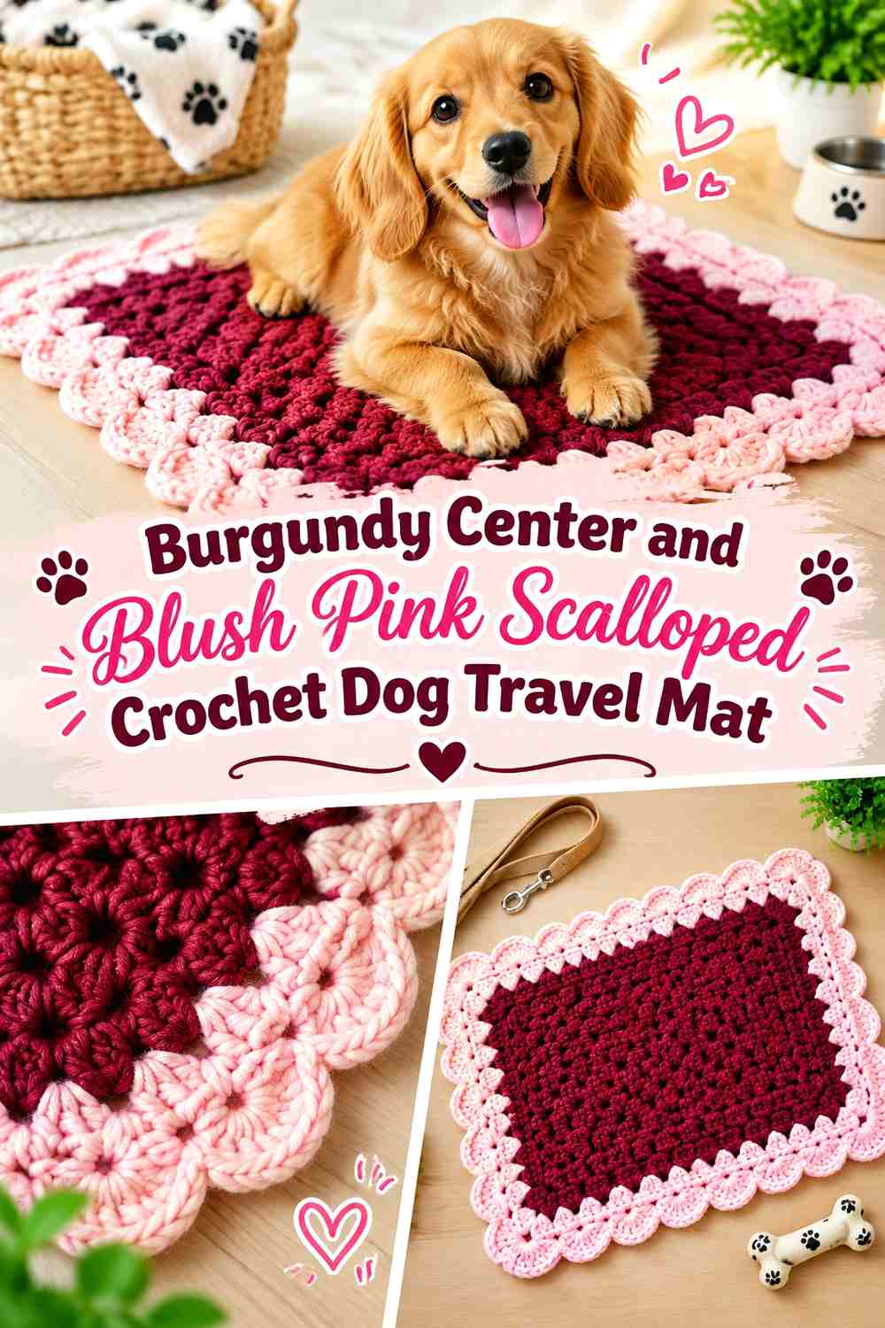 Burgundy Center and Blush Pink Scalloped Crochet Dog Travel Mat