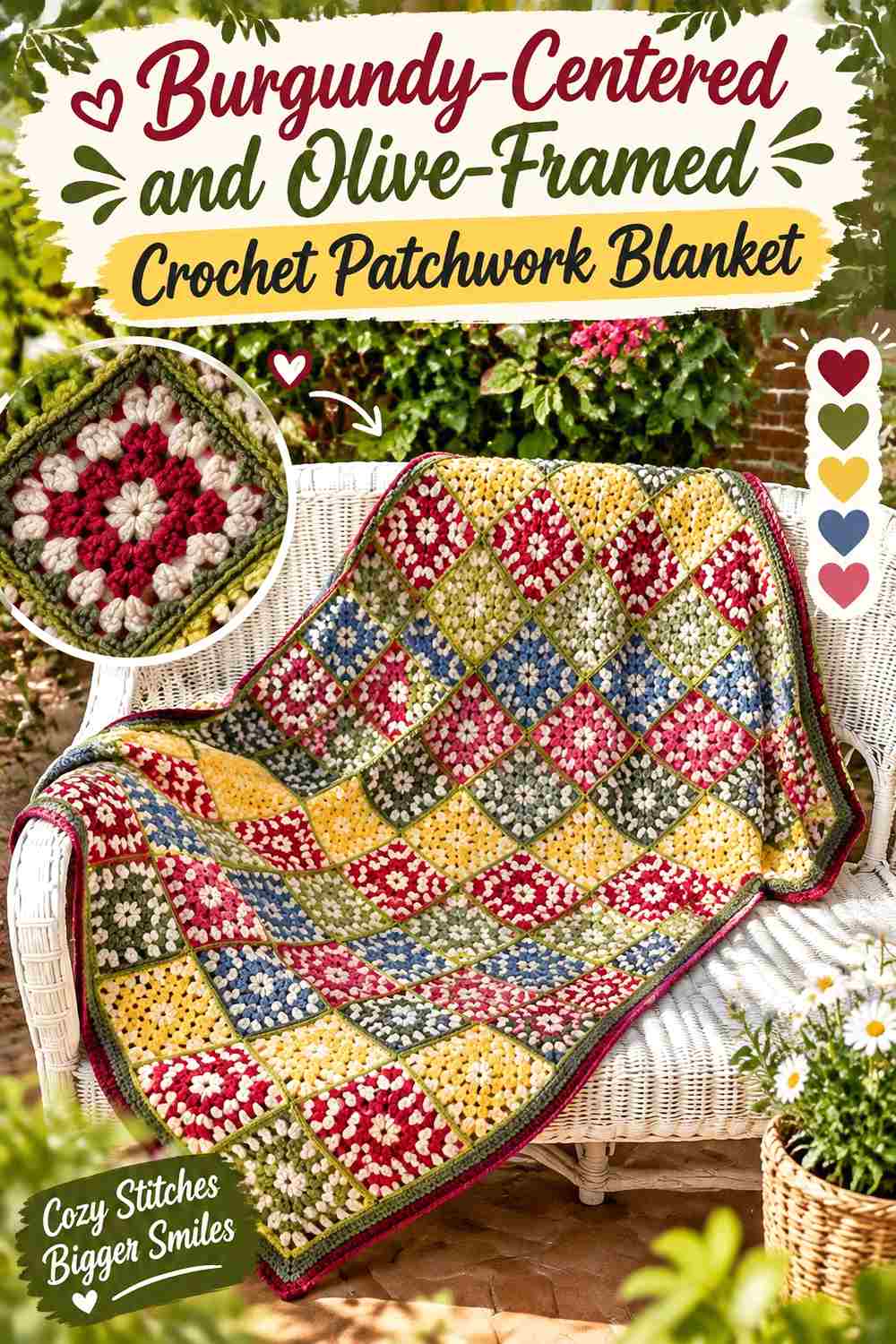 5. Burgundy Centered And Olive Framed Crochet Patchwork Blanket